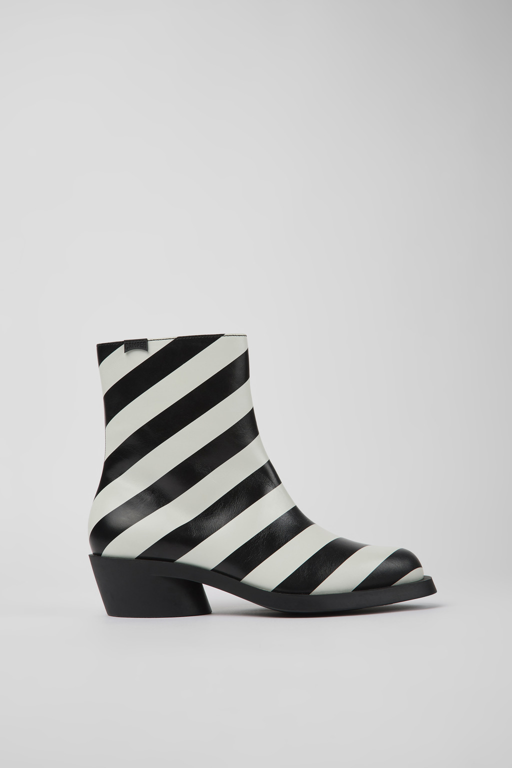Black and white striped leather boots for women