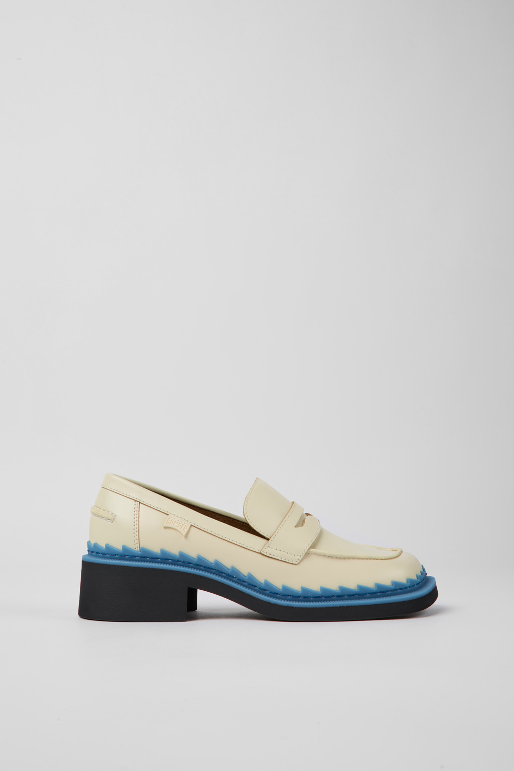 White and blue leather loafers for women