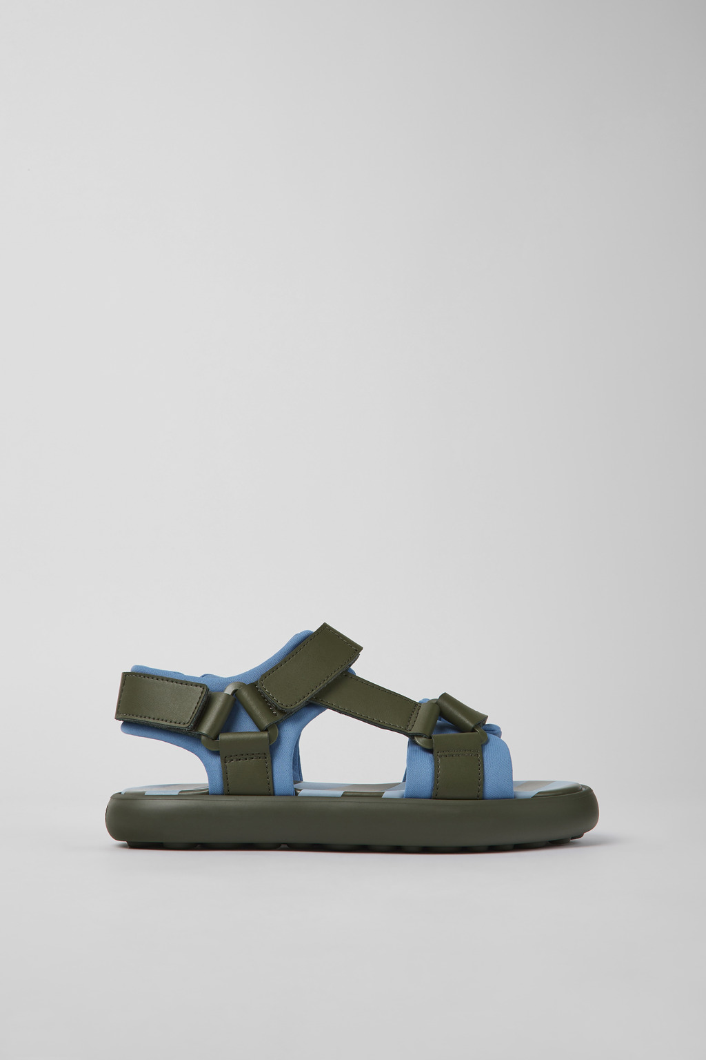 Green and blue leather and textile sandals for women