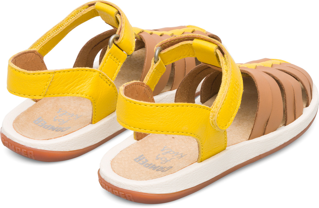 Closed yellow and tan nude T-strap sandal for kids