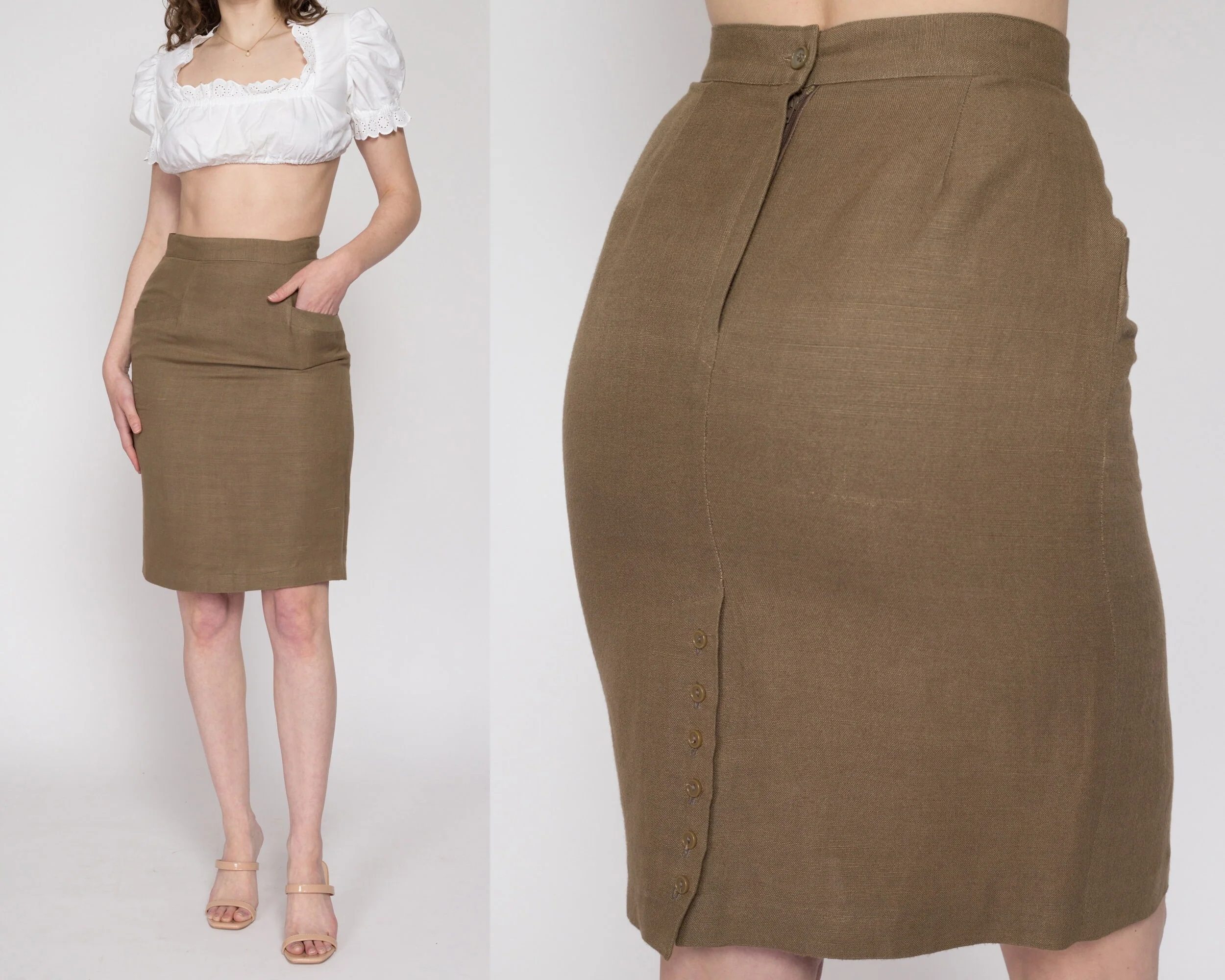 Small 90s Khaki Brown Linen Pencil Skirt 26