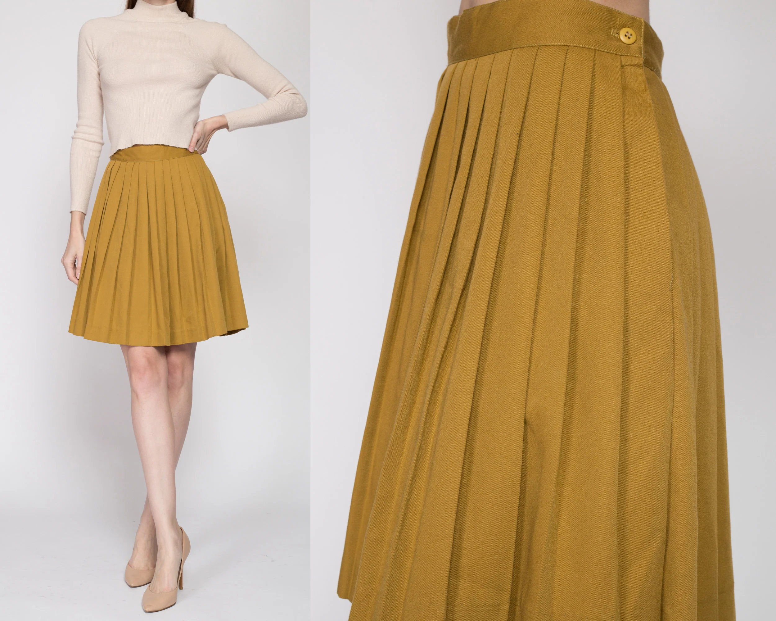 Small 80s Mustard Yellow Pleated Mini Skirt 25.5
