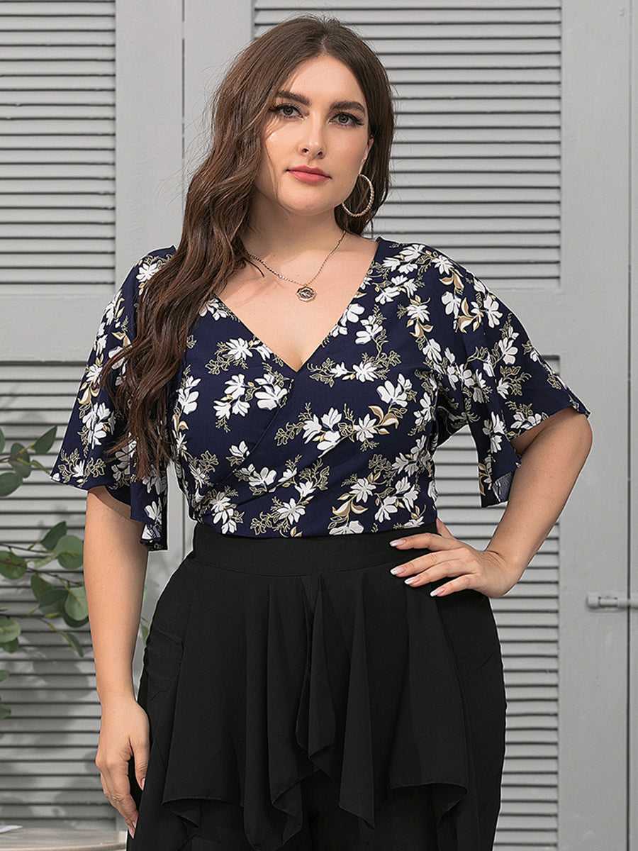 KittenAlarm - Plus Size Fashion Women V Neck Flower Printing Backless Blouse Shirt