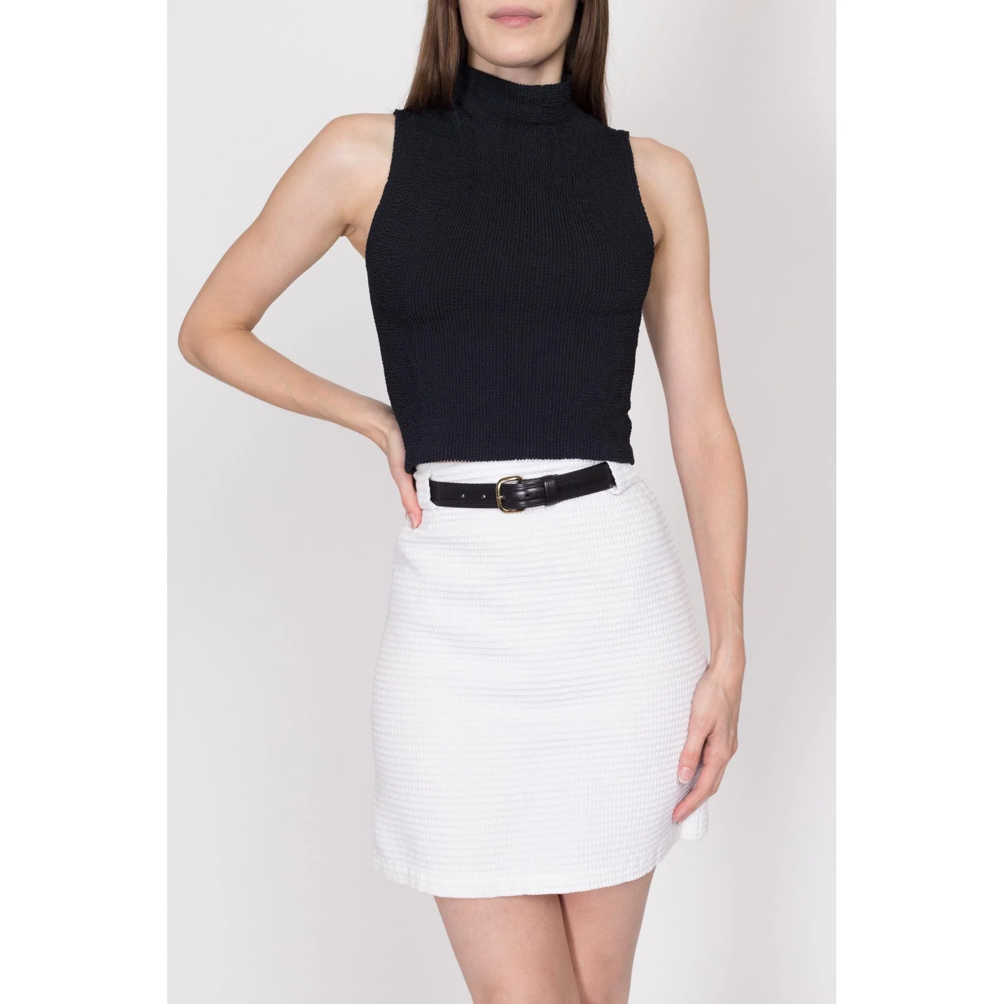 Small 60s White Waffle Knit Mini Skirt 26.5