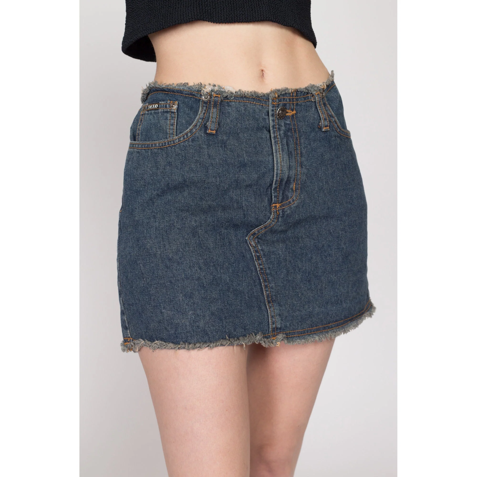 Medium Y2K Low Rise Frayed Denim Mini Skirt