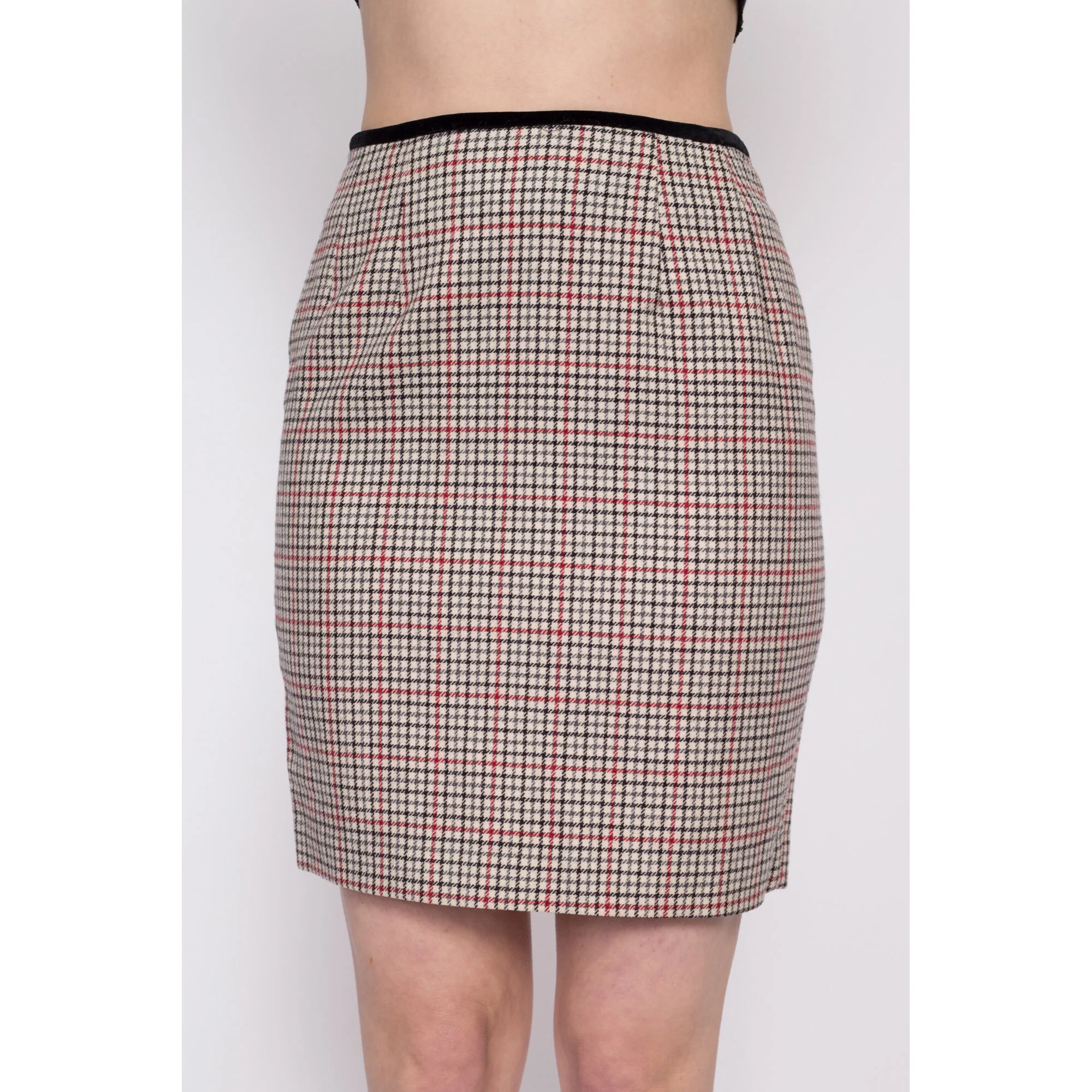 90s Plaid Wool Mini Pencil Skirt - Small, 27