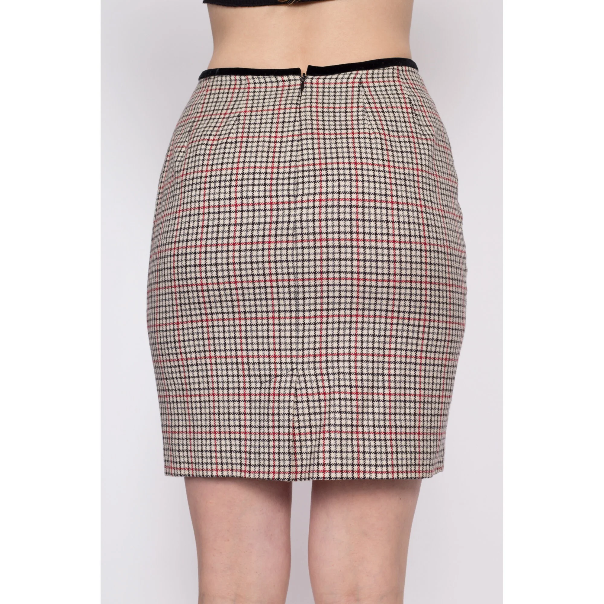 90s Plaid Wool Mini Pencil Skirt - Small, 27