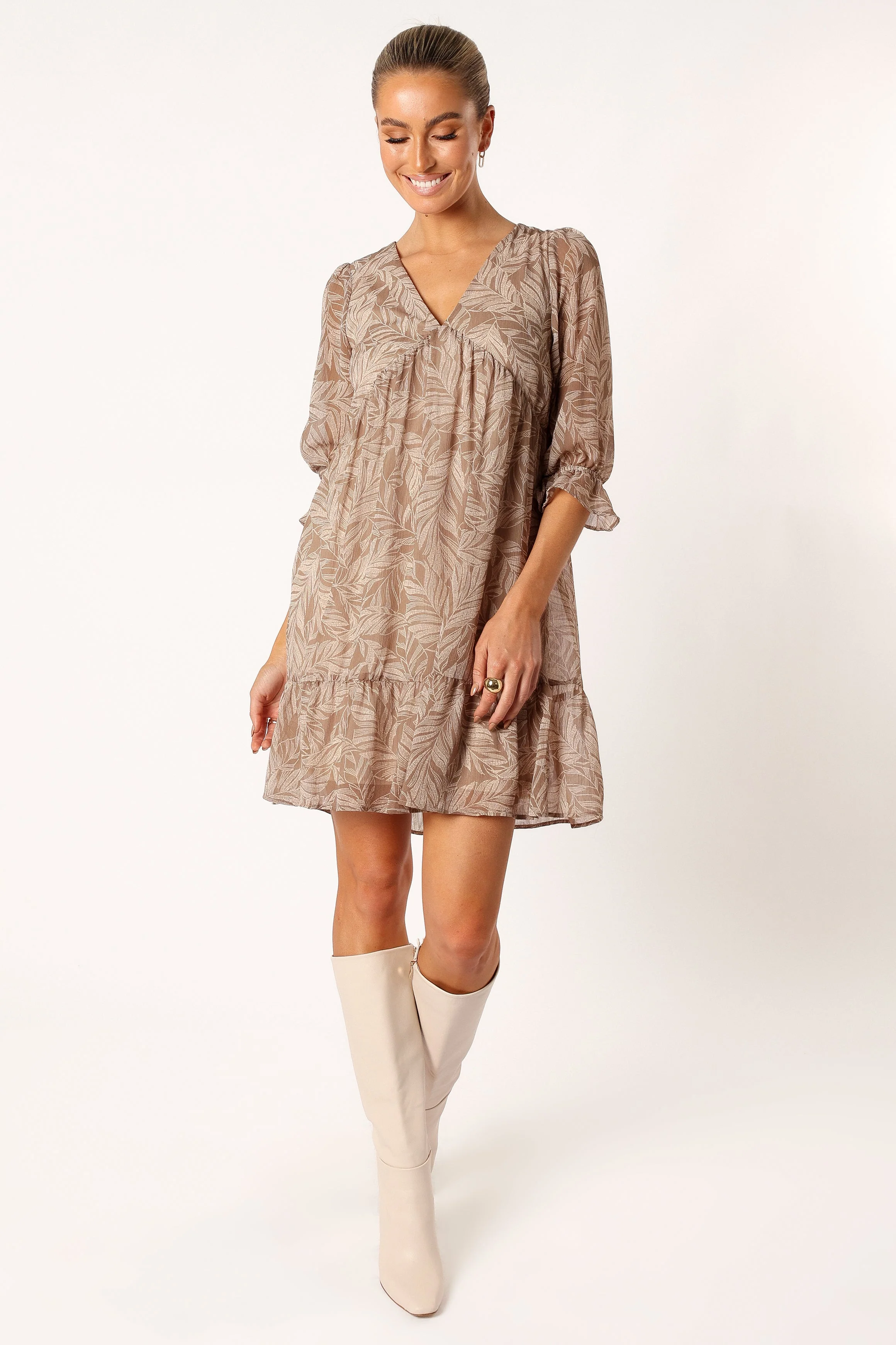 Sheyla Long Sleeve Mini Dress - Mocha Leaf