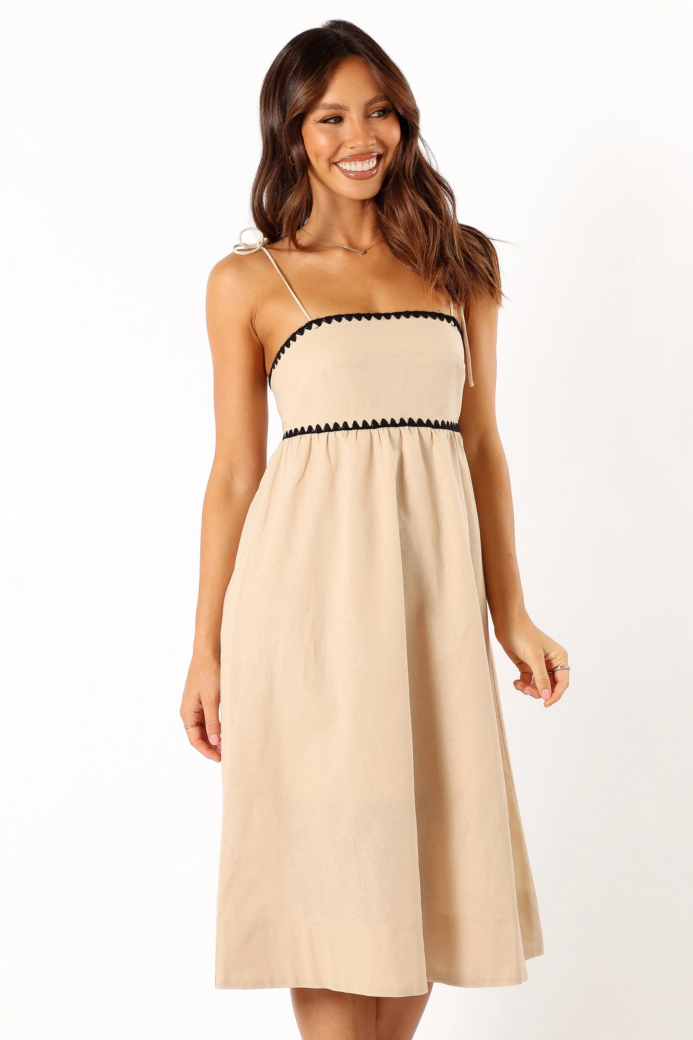 Lino Contrast Trim Midi Dress - Cream Black