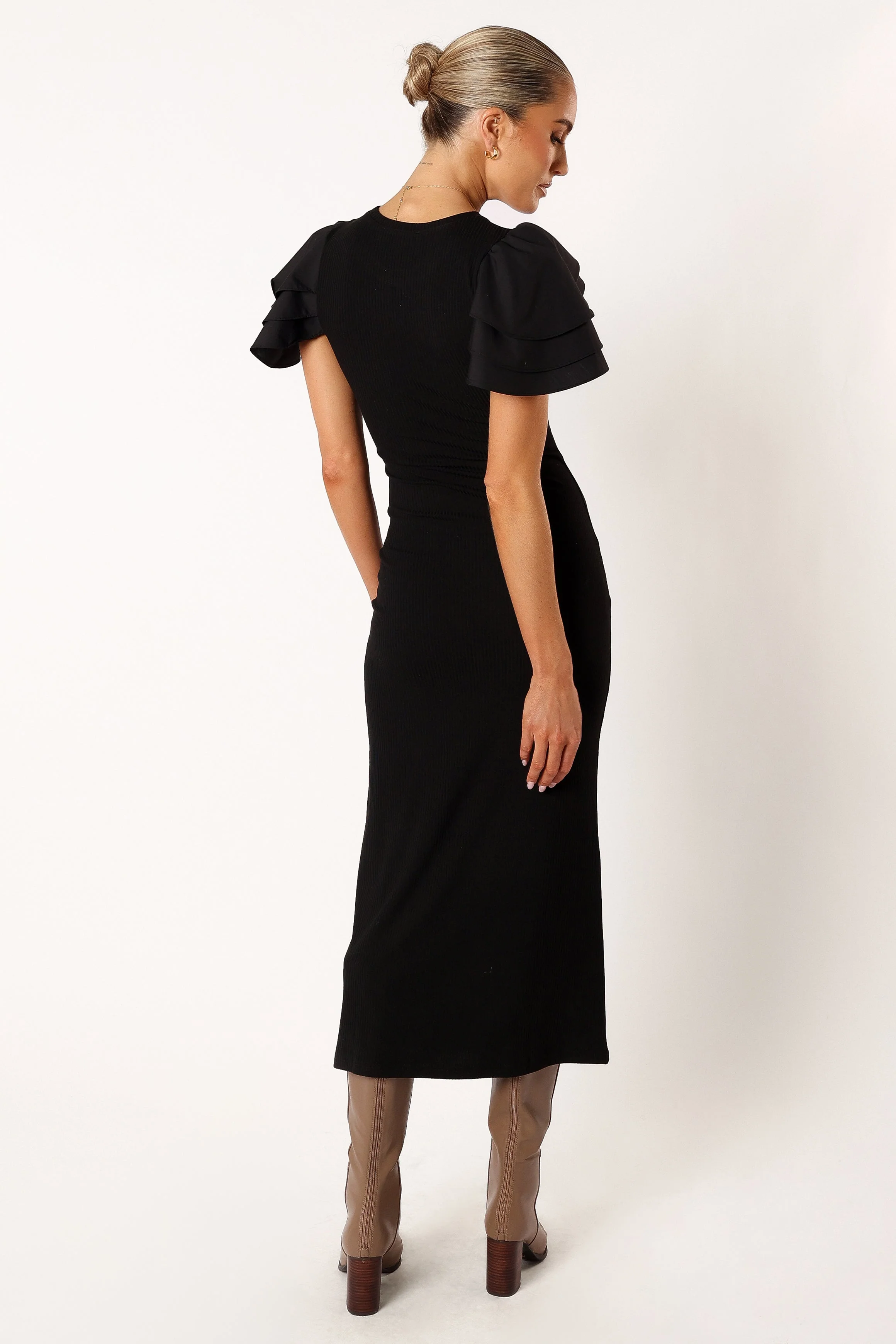 Cally Ruffle Sleeve Midi Dress - Black