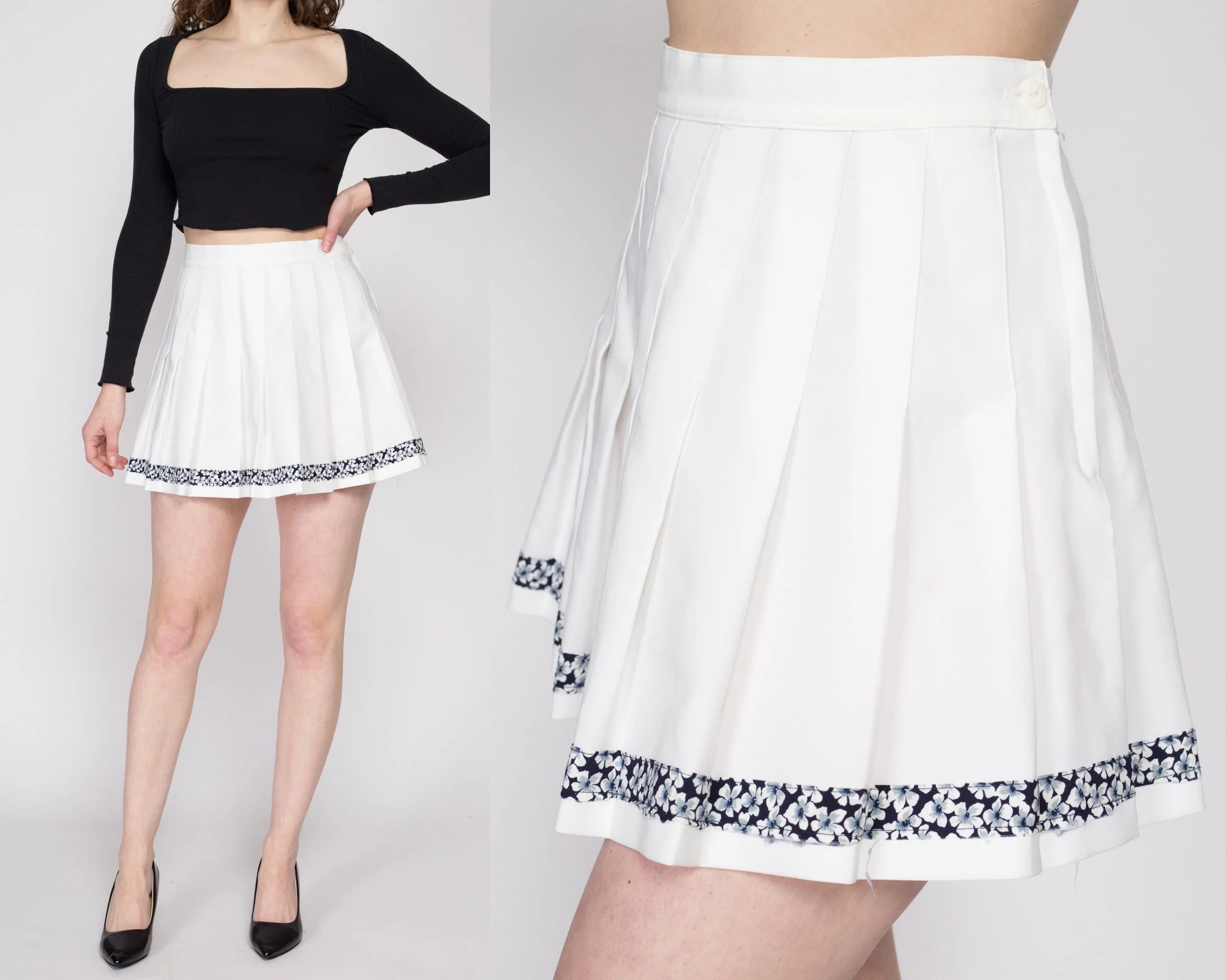 Small 90s White Floral Trim Mini Tennis Skirt 27