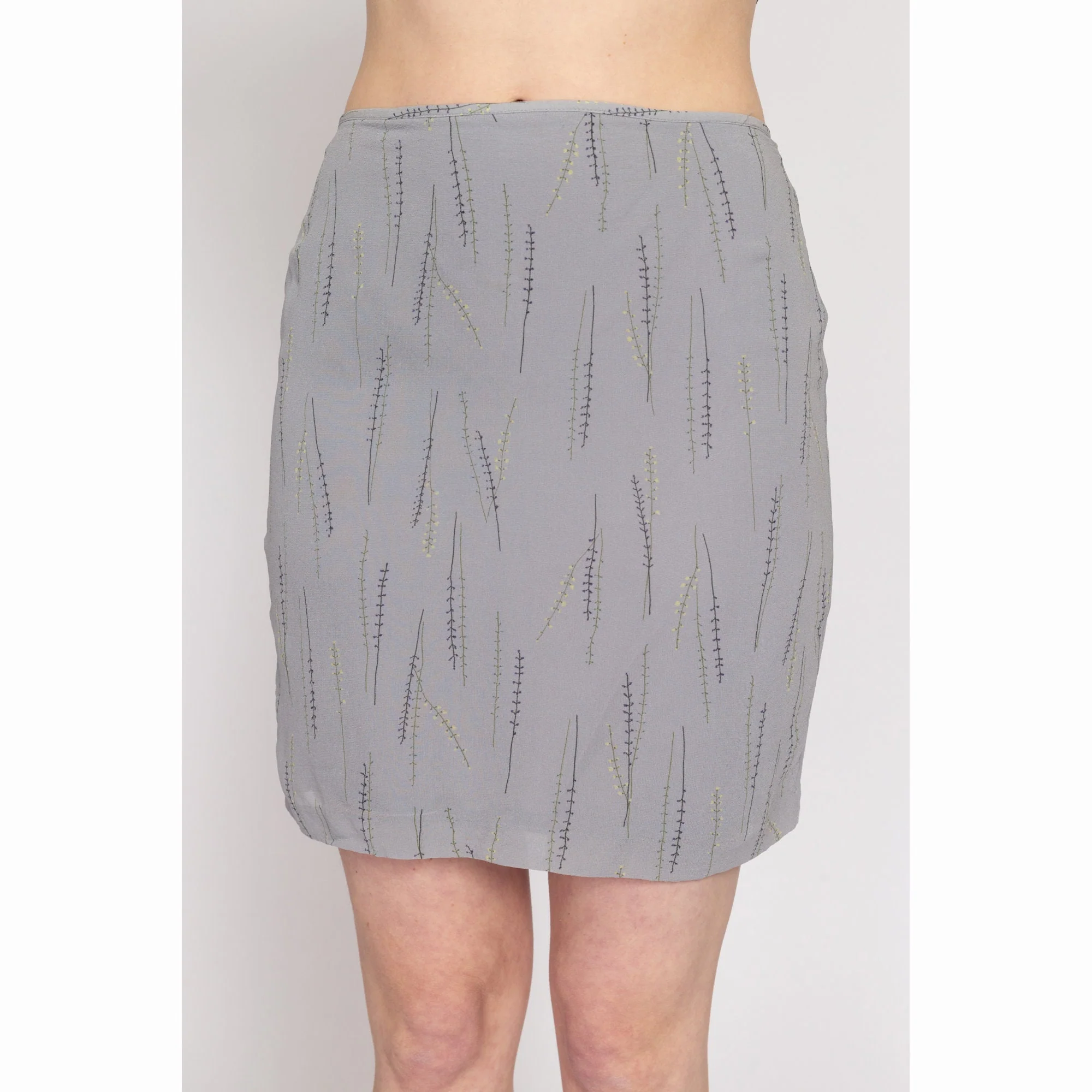 Medium 90s Grey Silk Falling Vine Print Mini Skirt 27.5