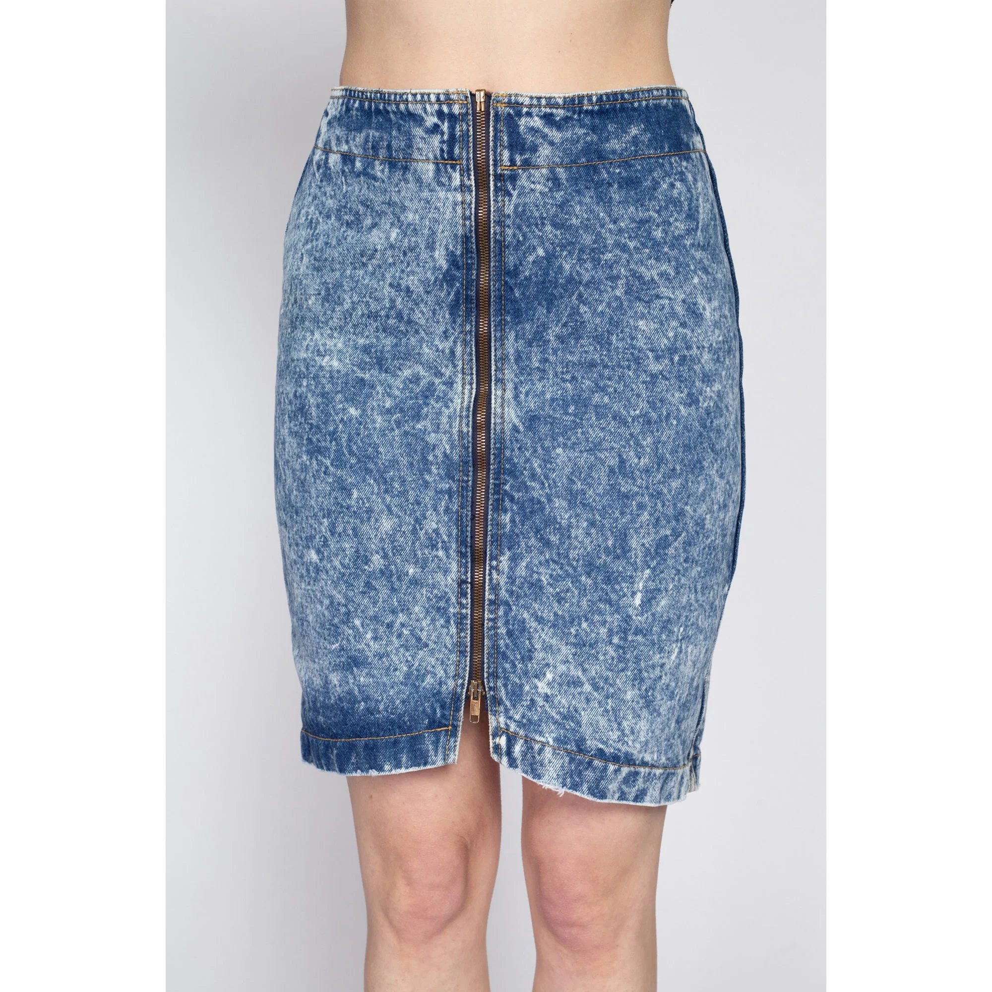 Small 80s Acid Wash Denim Zip Up Mini Skirt 27
