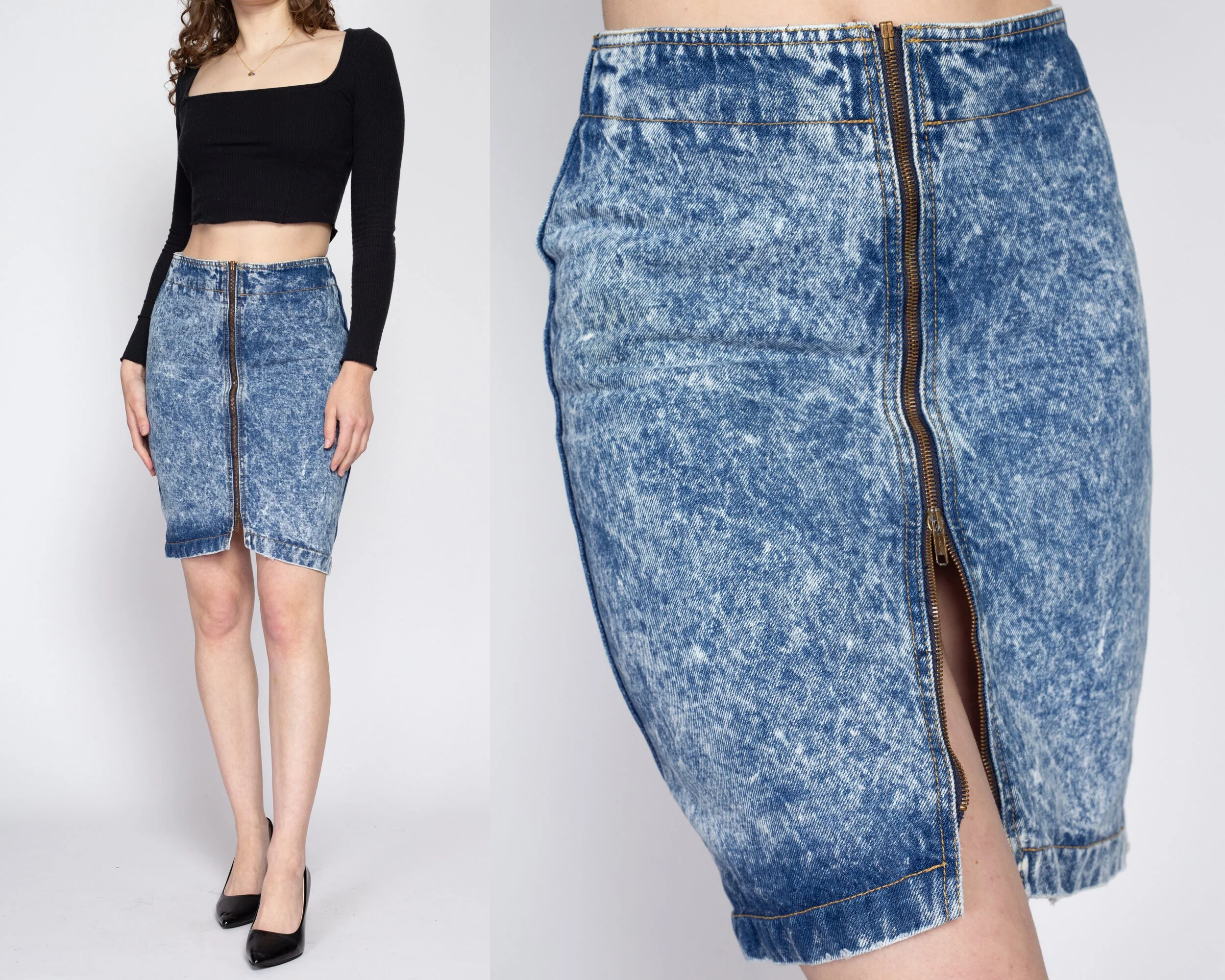 Small 80s Acid Wash Denim Zip Up Mini Skirt 27