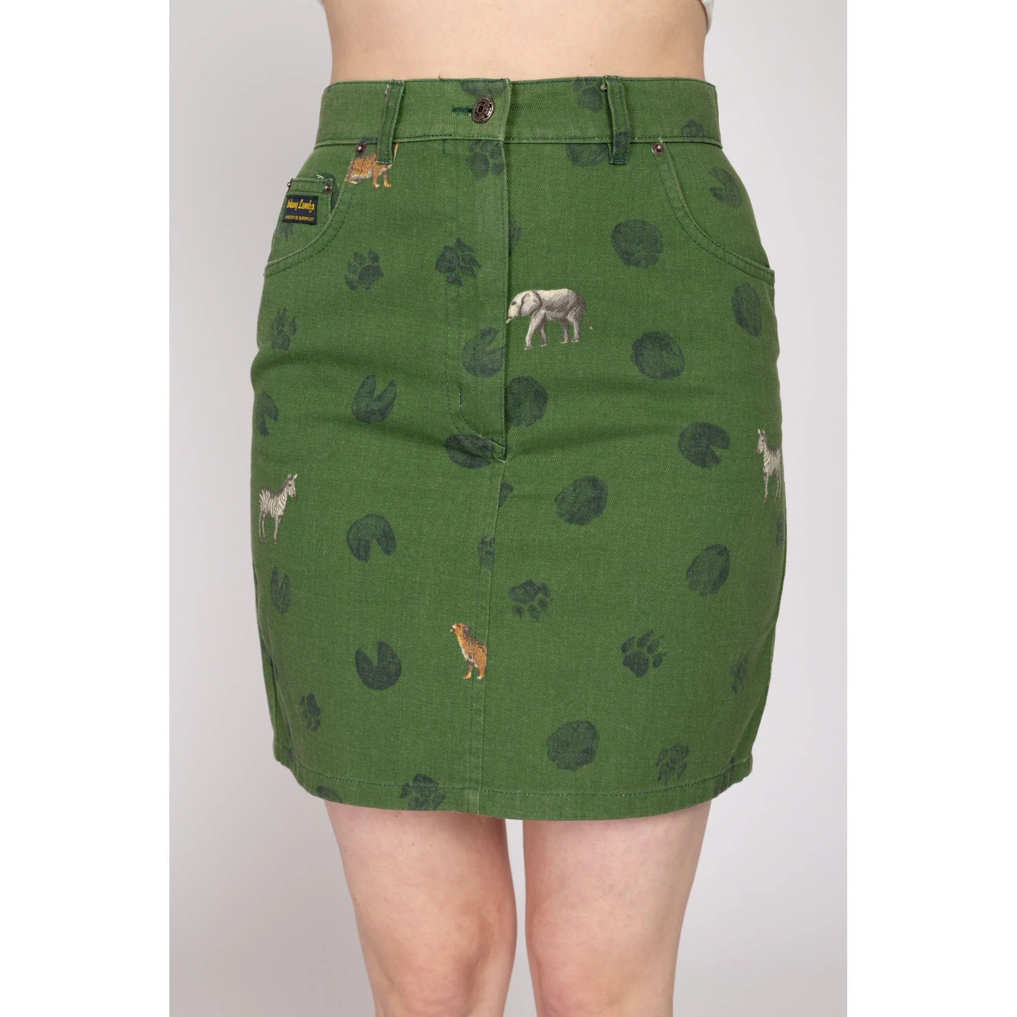 Small 90s African Animal Footprint Green Denim Mini Skirt 27