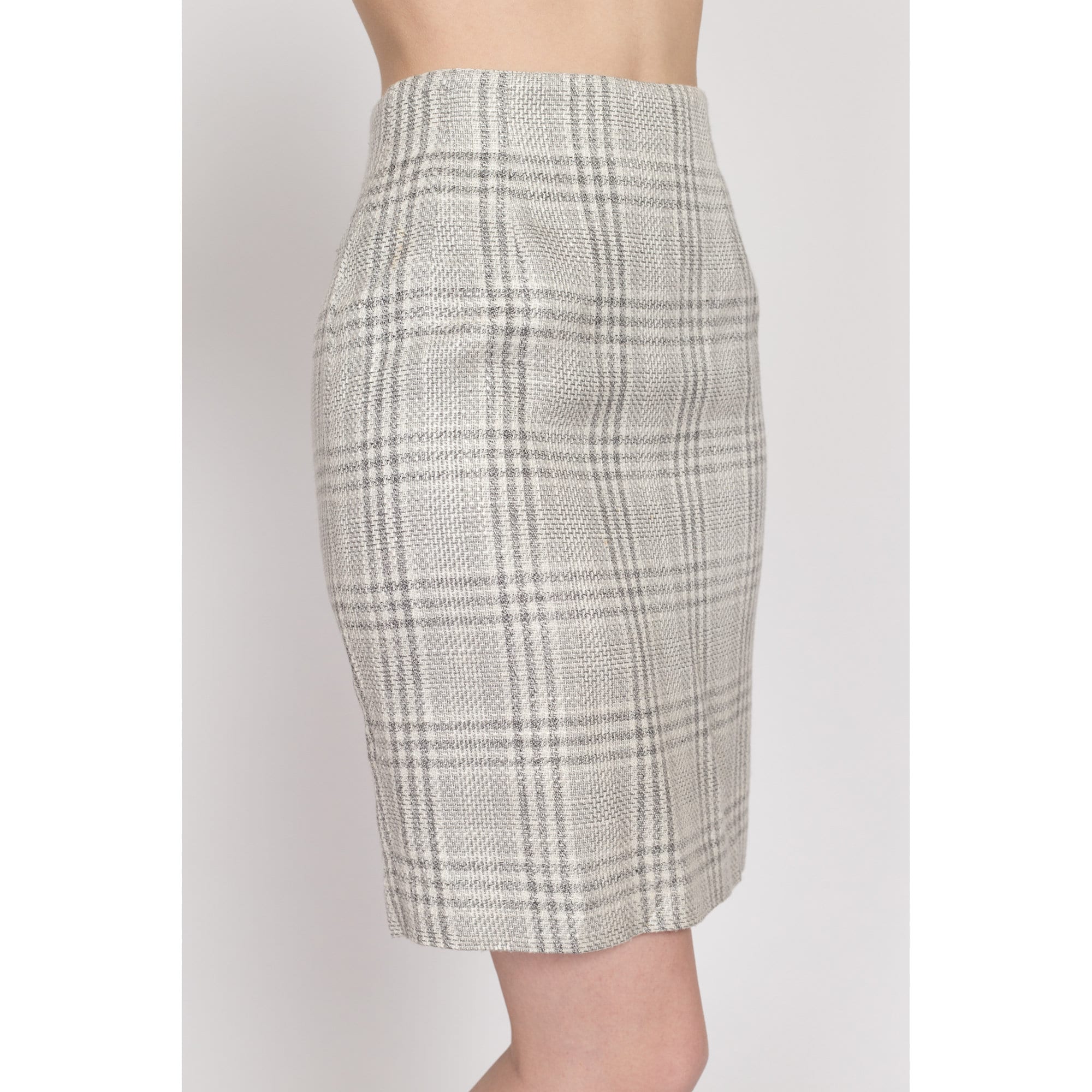 XS 90s Grey Plaid Woven Mini Pencil Skirt 24