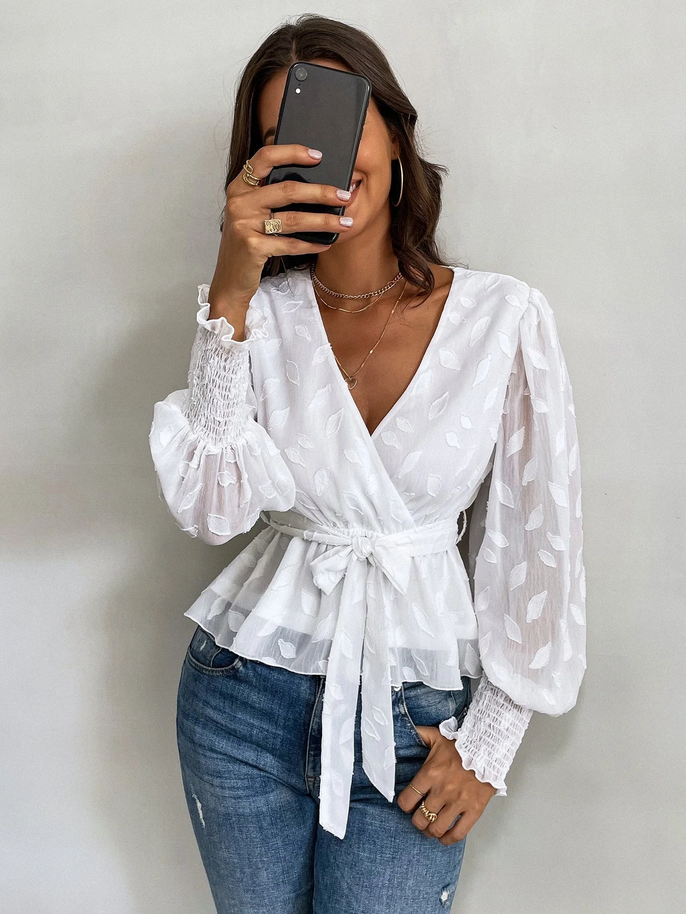 KittenAlarm - Jacquard Lantern Sleeve Shirred Cuff Belted Blouse