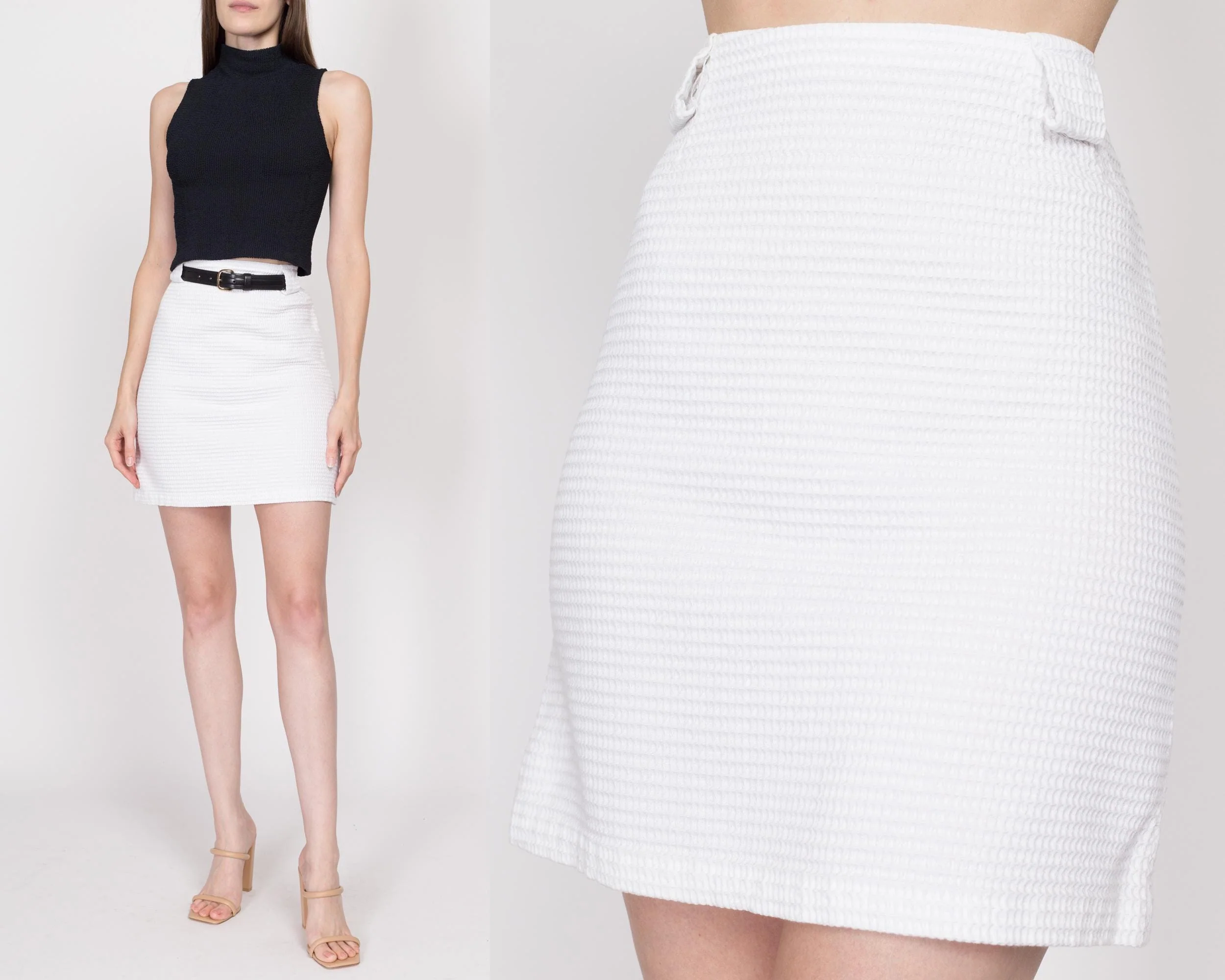 Small 60s White Waffle Knit Mini Skirt 26.5