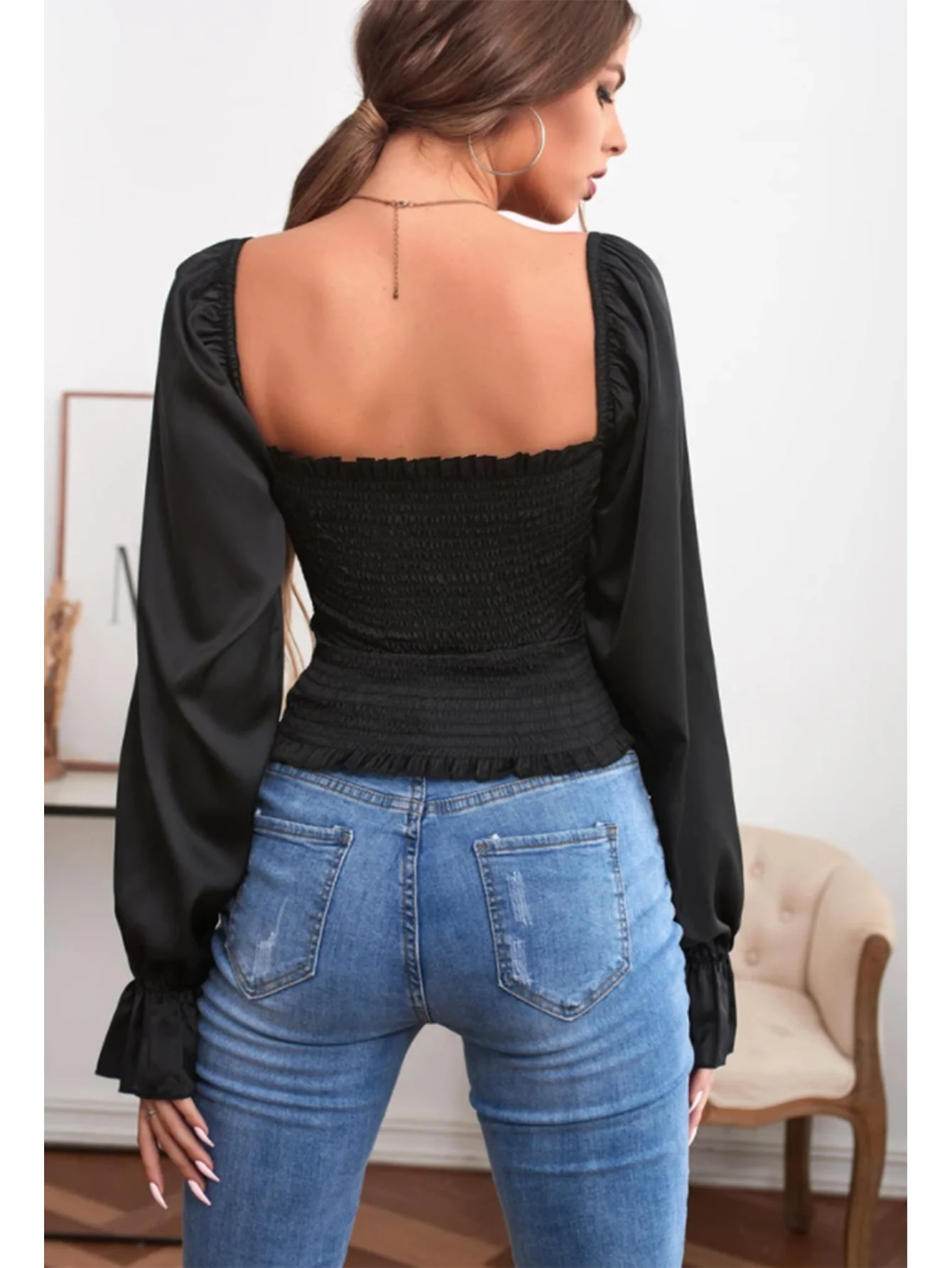 KittenAlarm - SQUARE COLLAR RUFFLED LONG SLEEVES BLOUSE