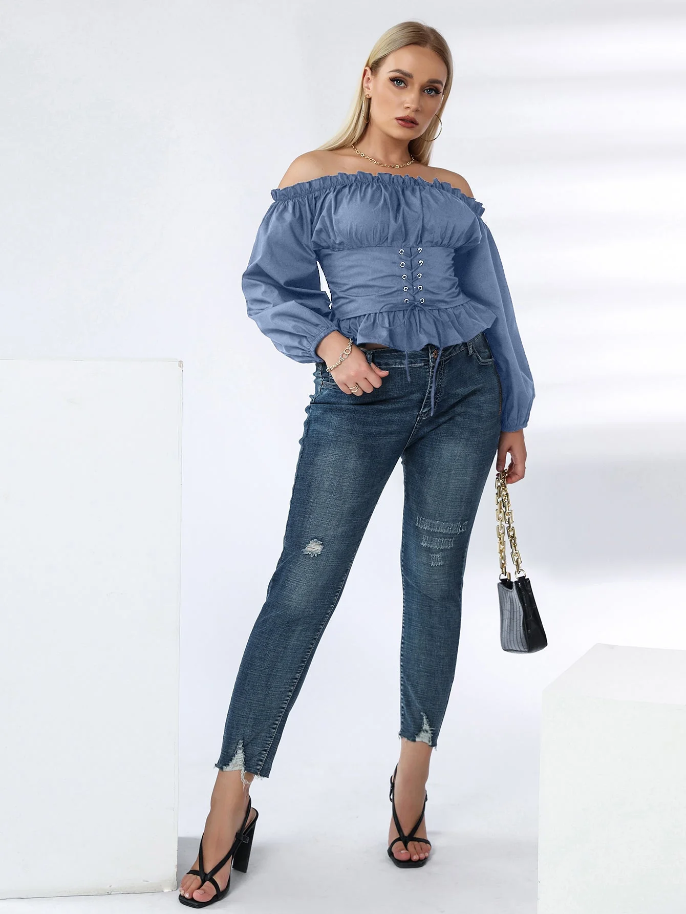 KittenAlarm - Plus Off Shoulder Lace Up Ruffle Hem Peplum Blouse