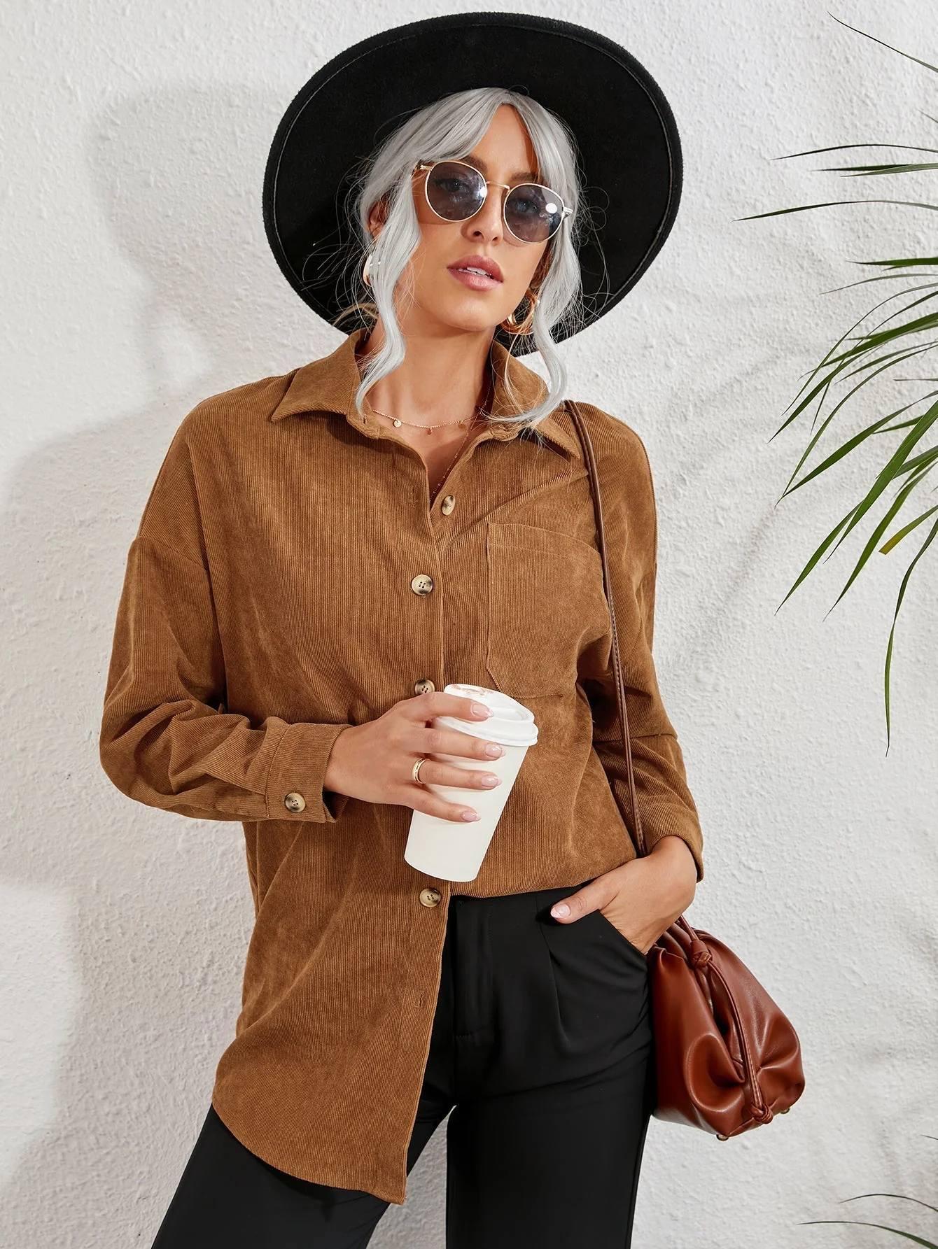 KittenAlarm - Patched Pocket Drop Shoulder Corduroy Blouse