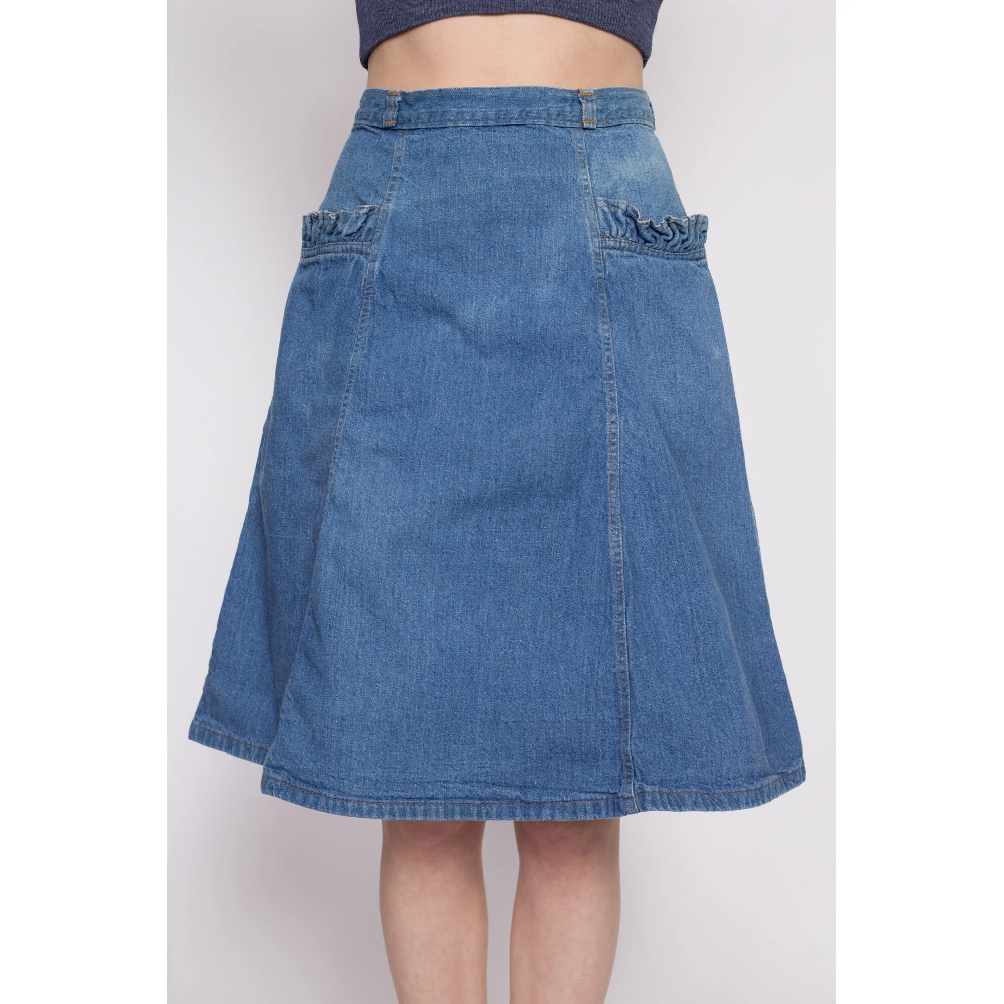 70s Denim Ruffle Pocket A-Line Skirt - Small, 27