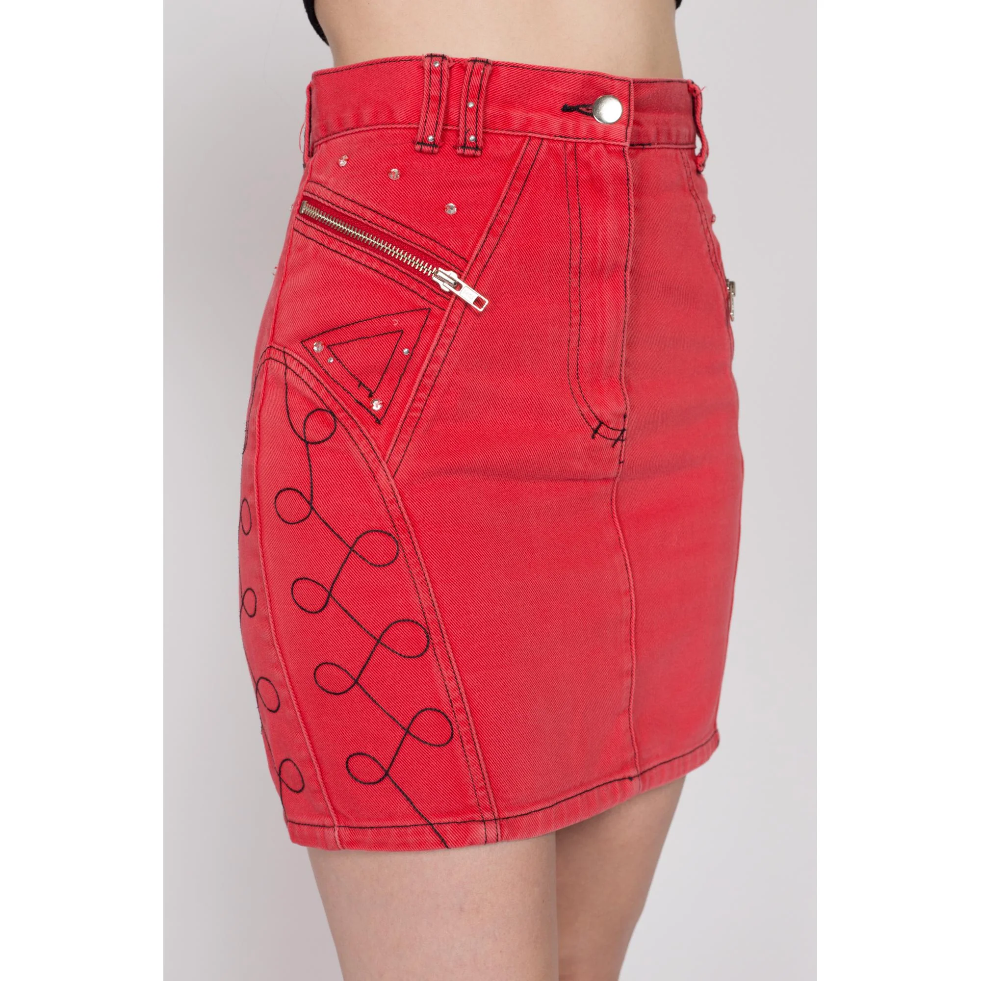 Small 90s Red Denim Embellished Mini Skirt 27