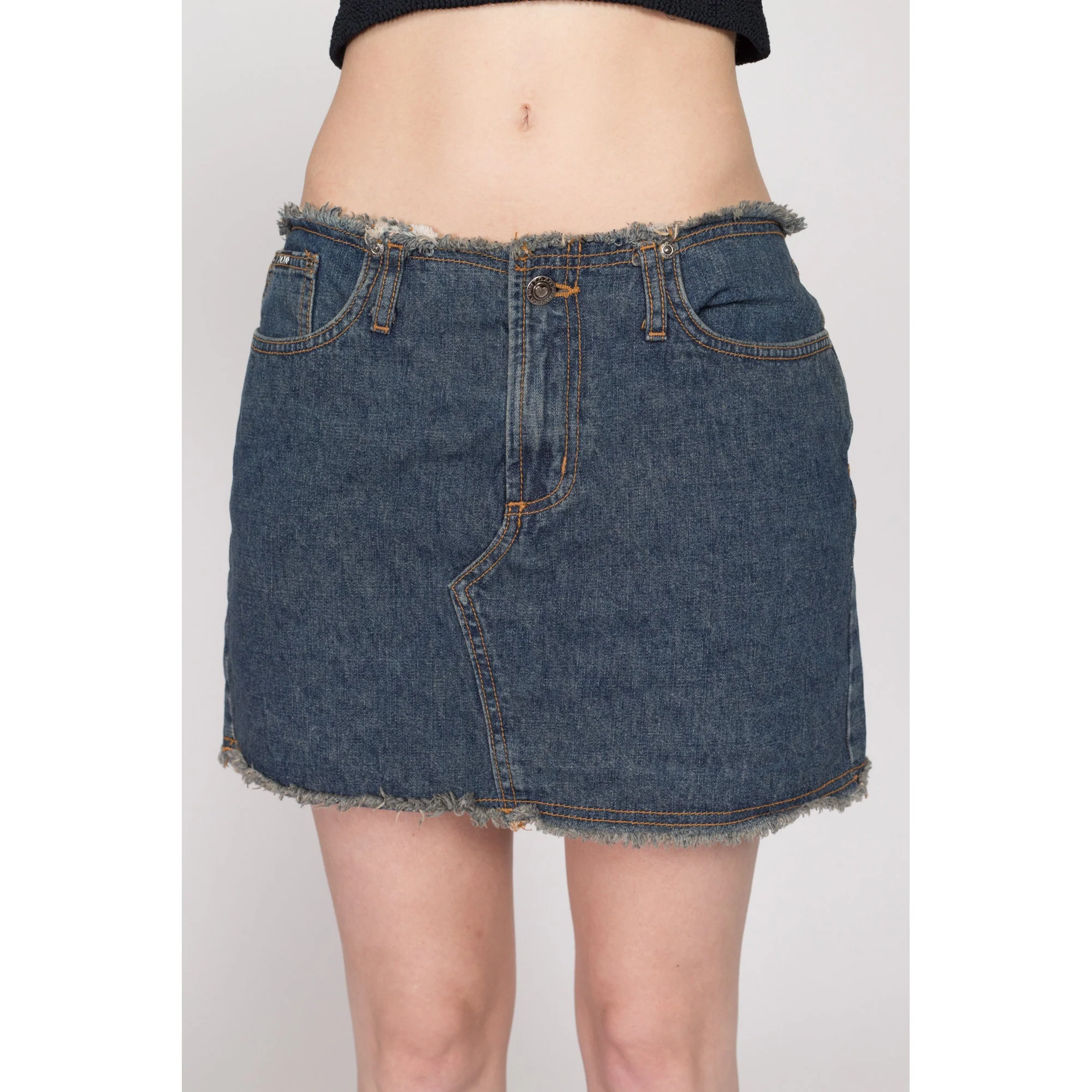 Medium Y2K Low Rise Frayed Denim Mini Skirt