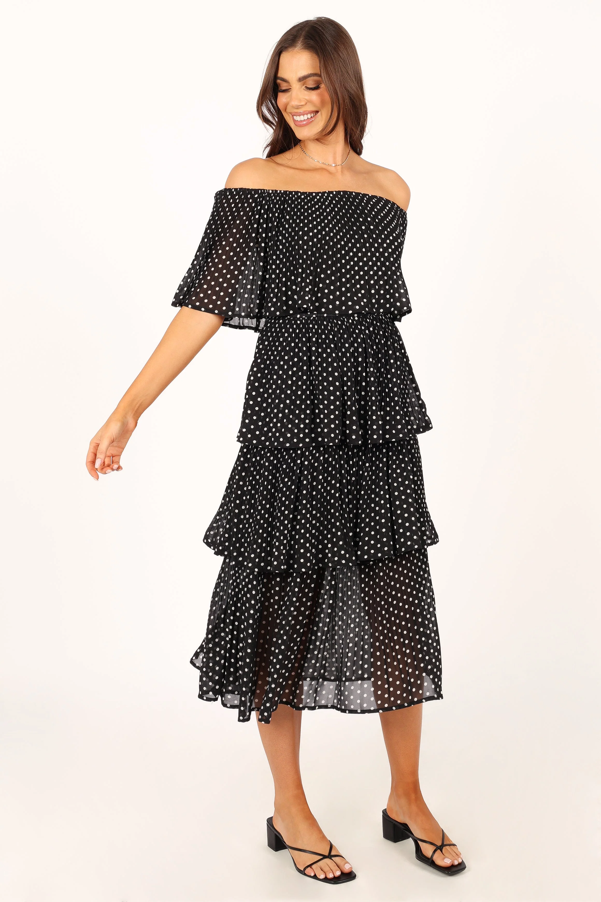 Lilli Tiered Midi Dress - Black White Polka Dot