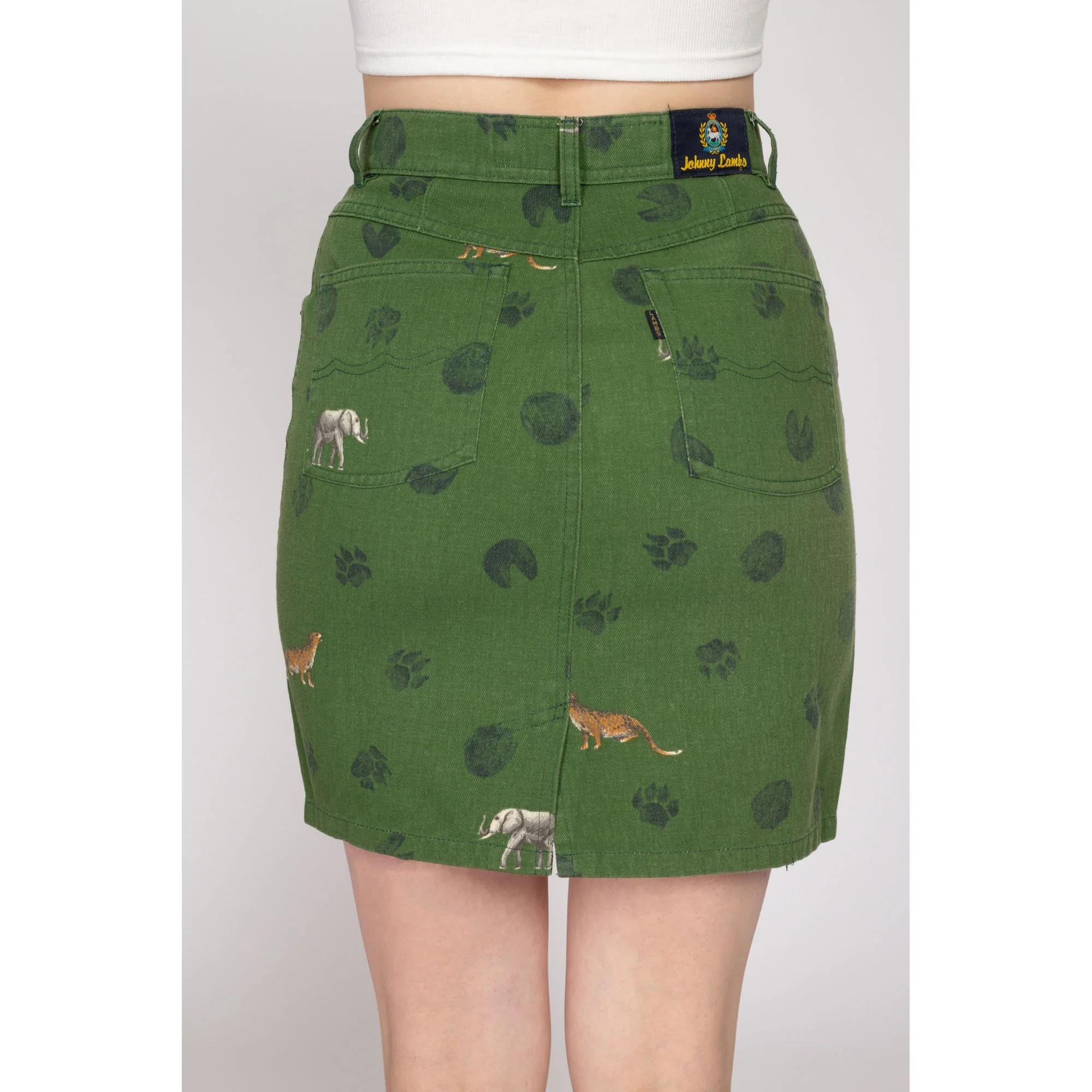 Small 90s African Animal Footprint Green Denim Mini Skirt 27