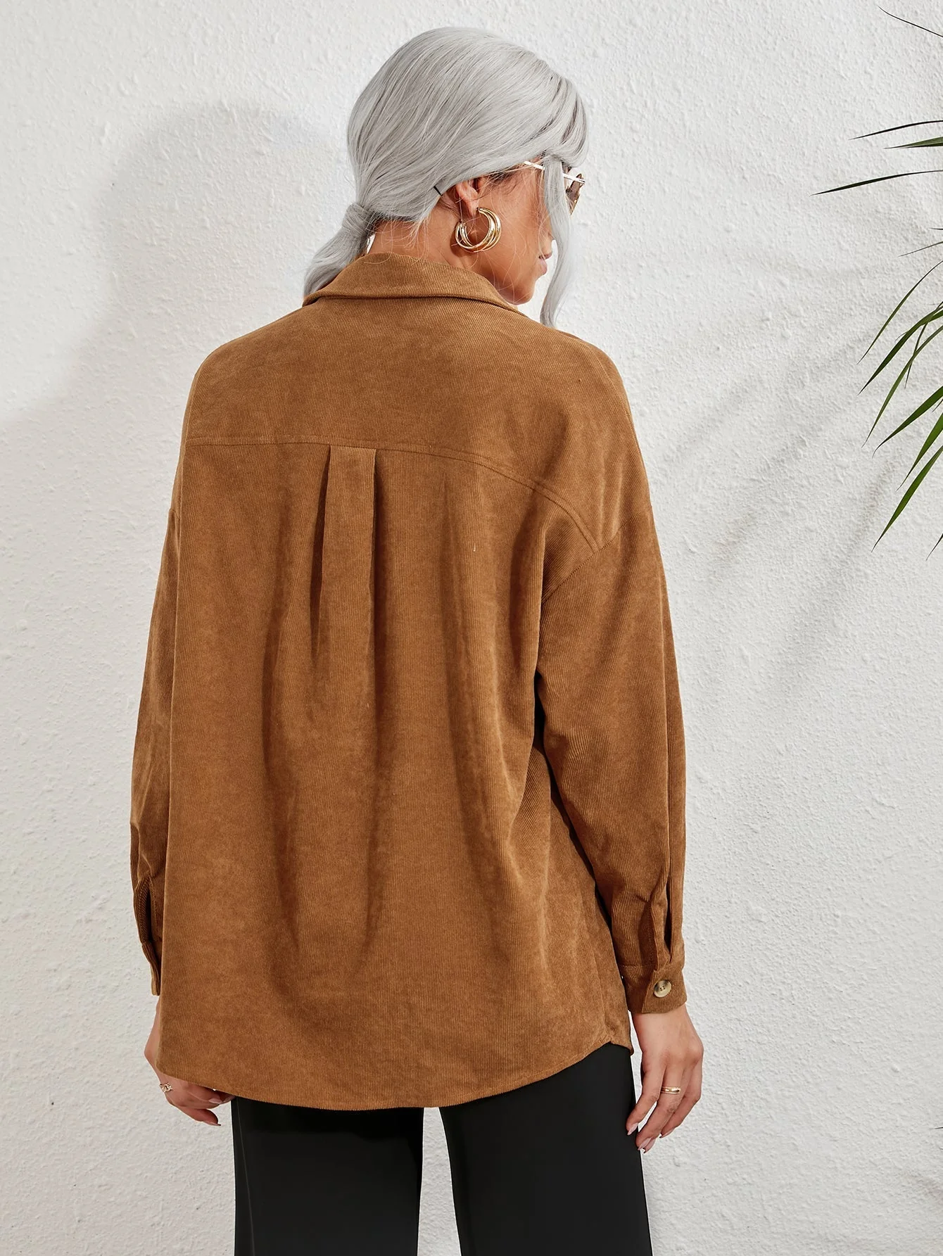 KittenAlarm - Patched Pocket Drop Shoulder Corduroy Blouse