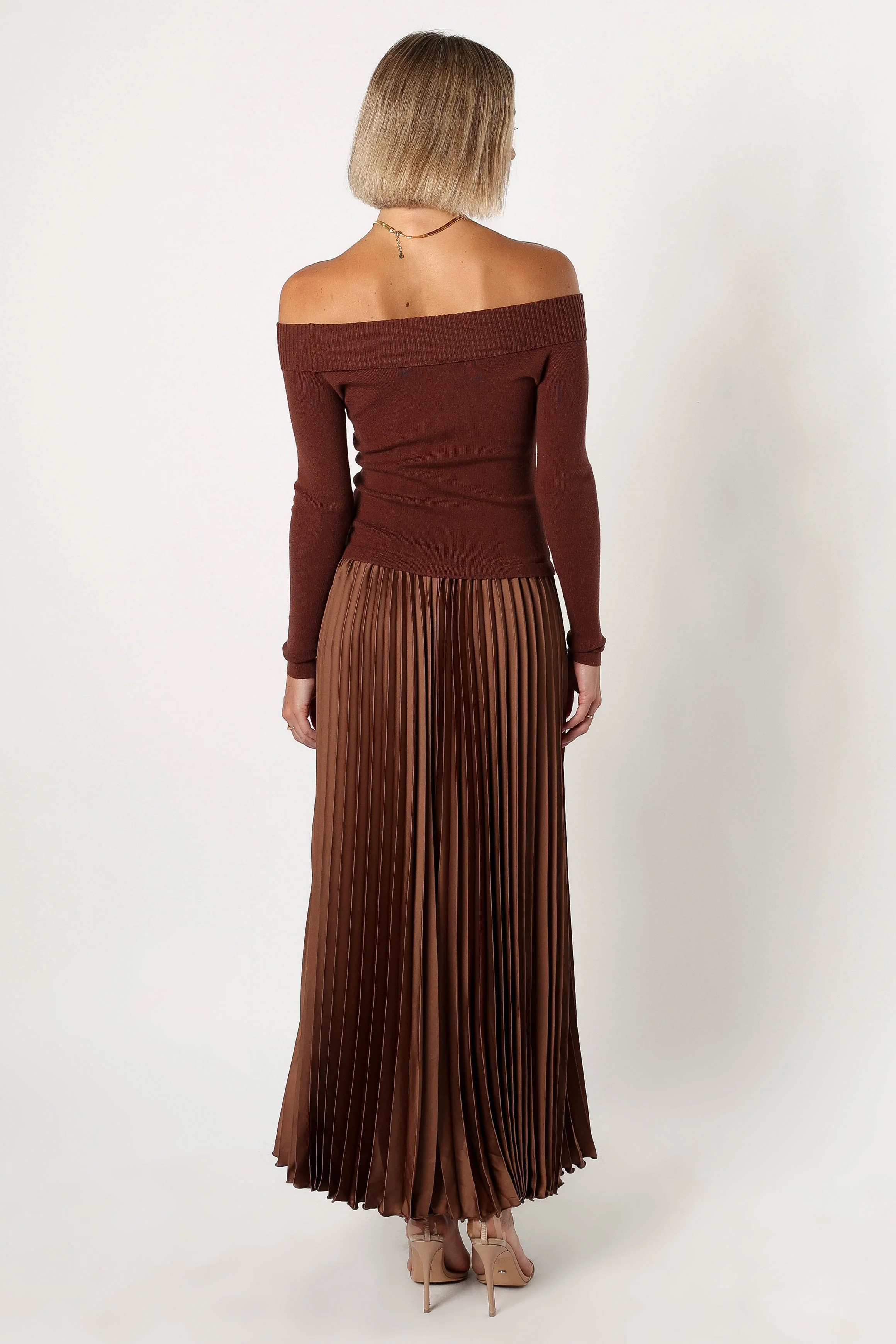 Slate Off Shoulder Pleated Midi Dress - Bronze
