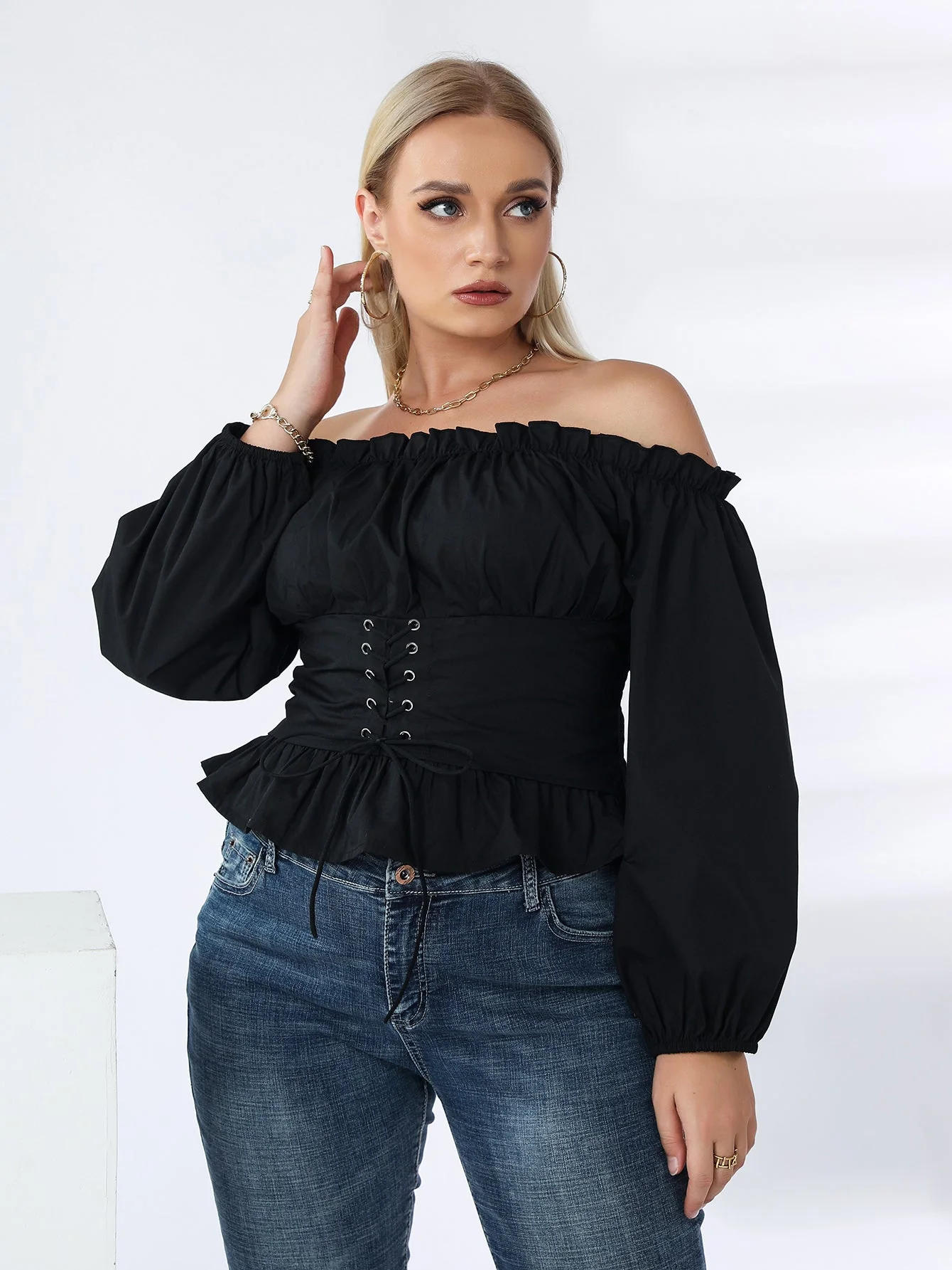 KittenAlarm - Plus Off Shoulder Lace Up Ruffle Hem Peplum Blouse