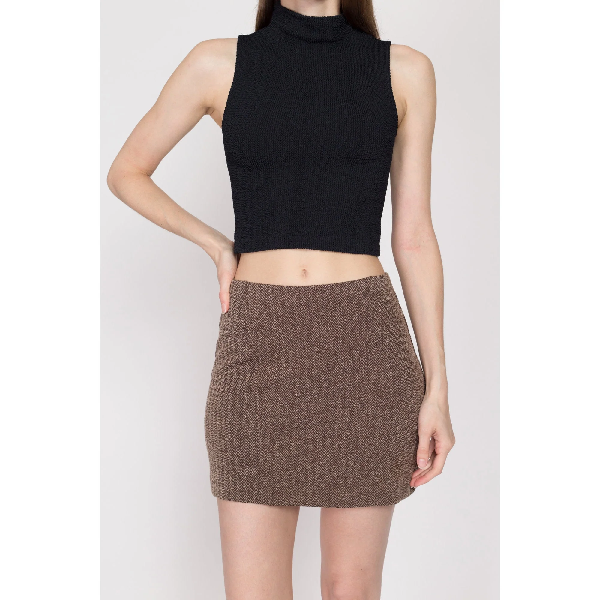 XS-Sm 90s Brown Herringbone Knit Mini Skirt