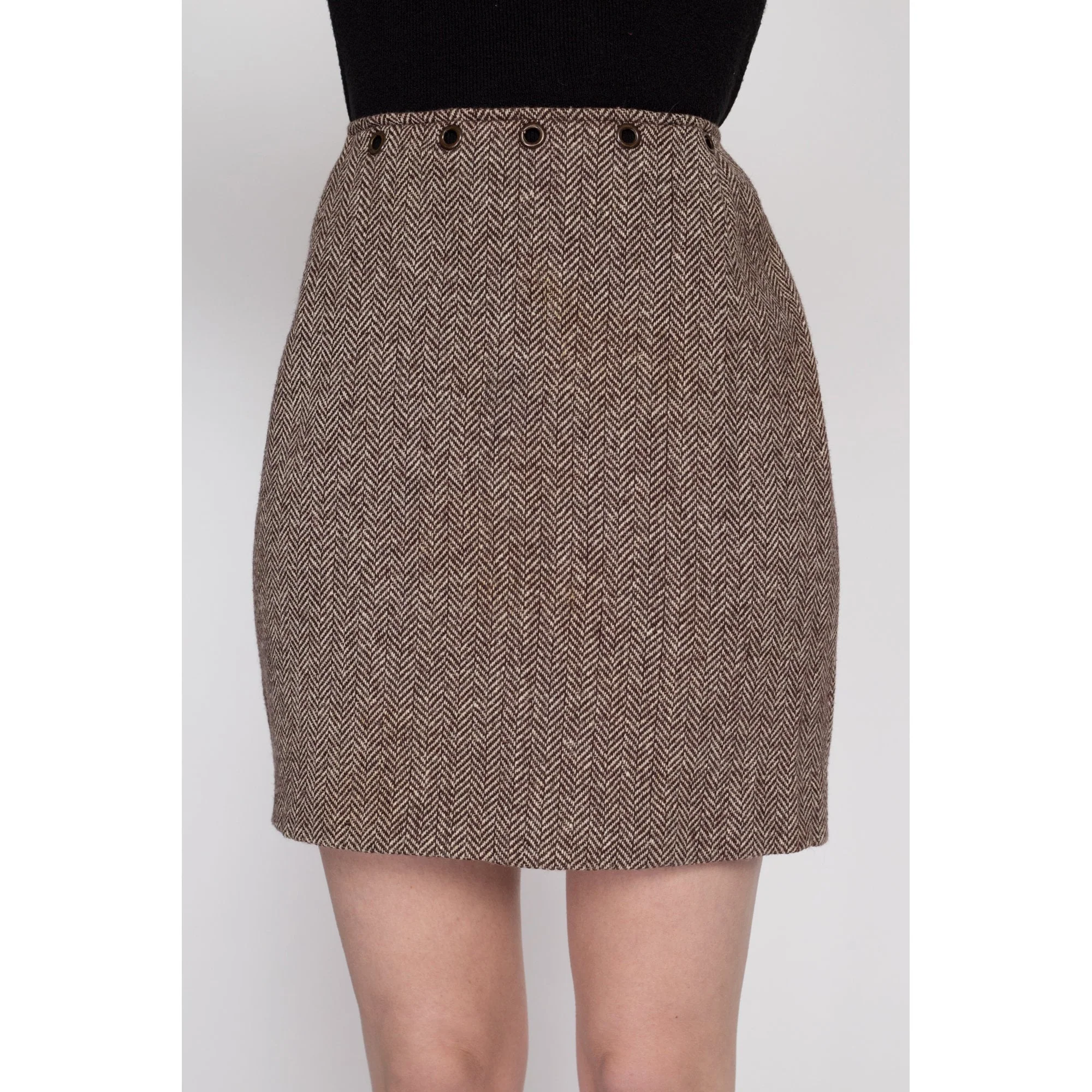 XS 60s Herringbone Wool Grommet Waist Mini Skirt 25