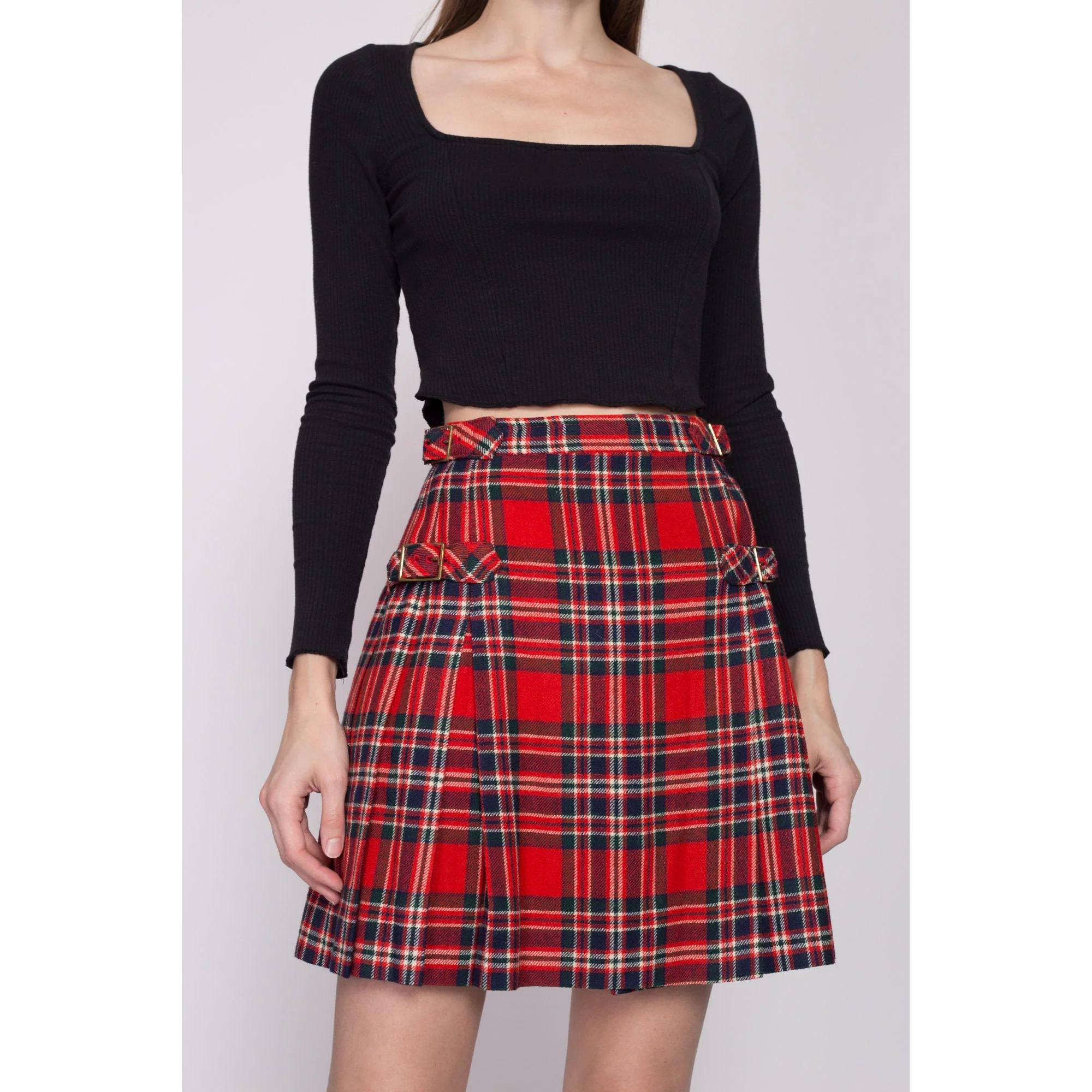 XS 80s Red Plaid Mini Kilt Wrap Skirt 23