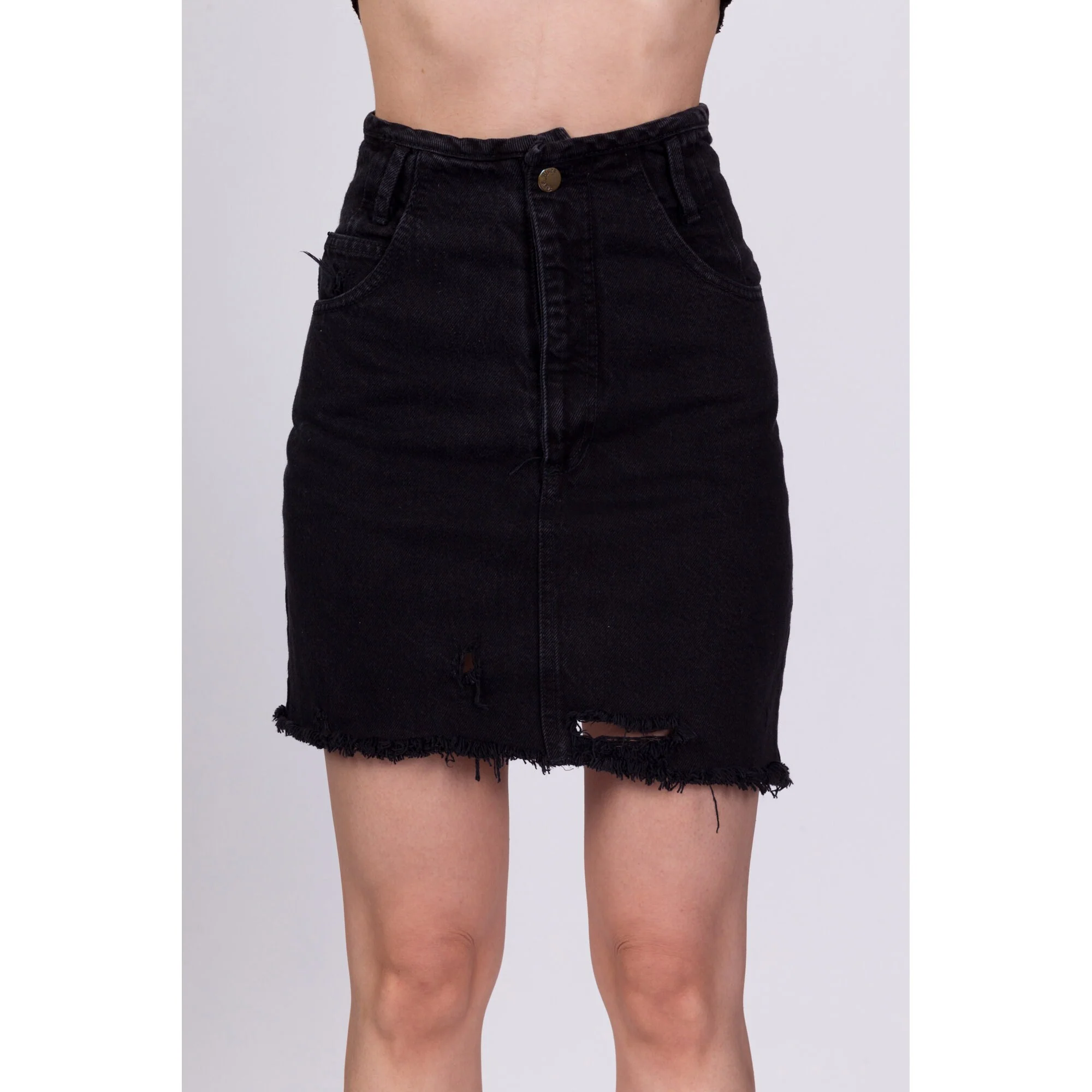 90s Black Denim High Waist Mini Skirt - XXS, 22.5