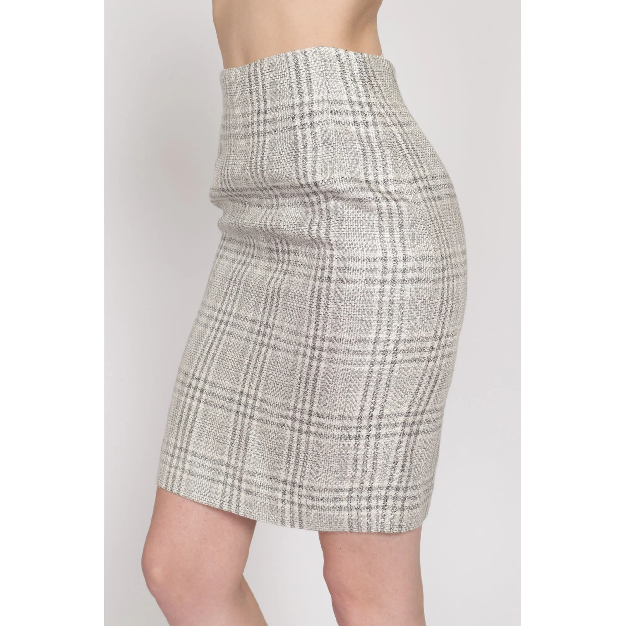 XS 90s Grey Plaid Woven Mini Pencil Skirt 24