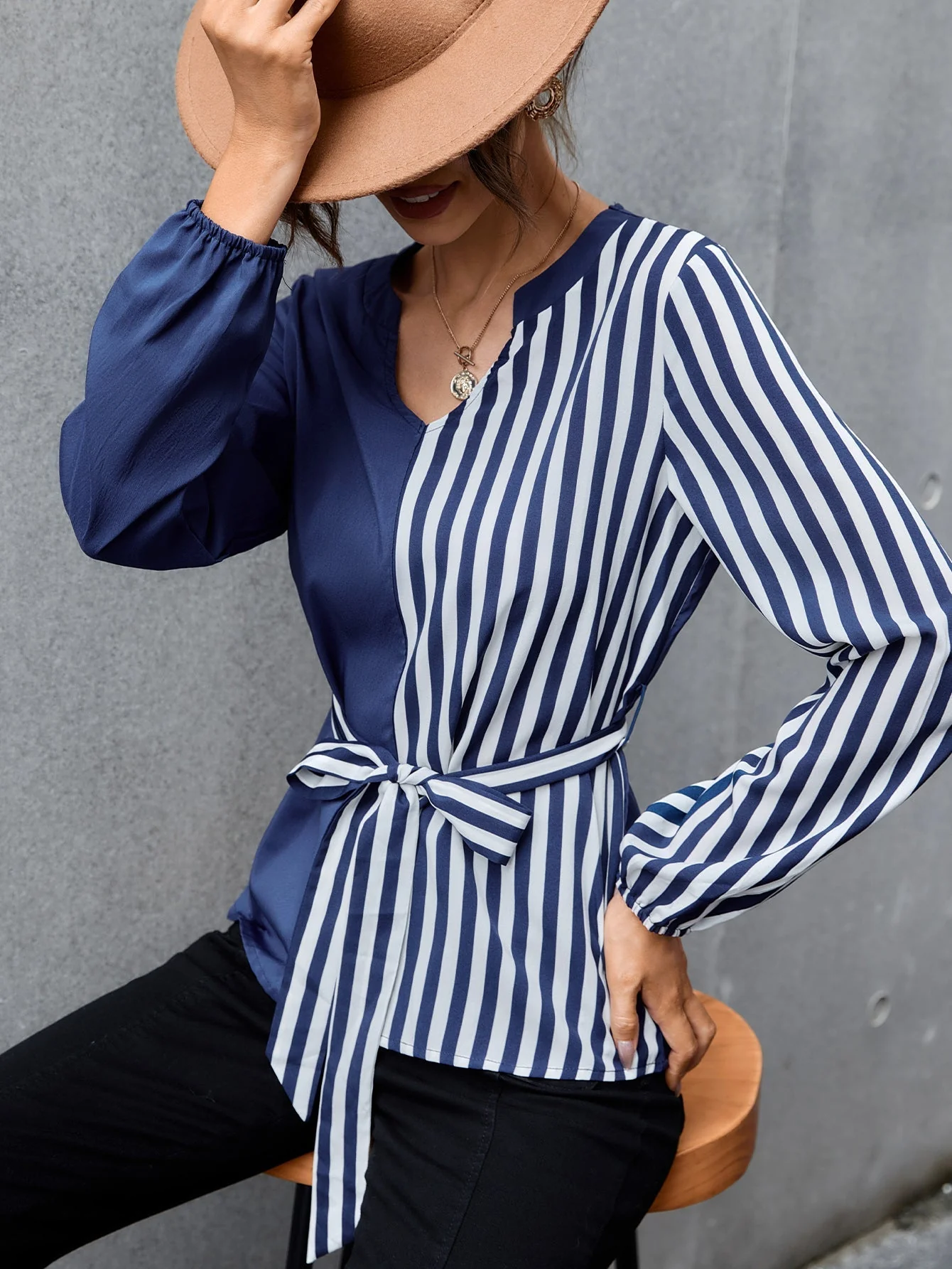 KittenAlarm - Colorblock Striped Self Tie Blouse