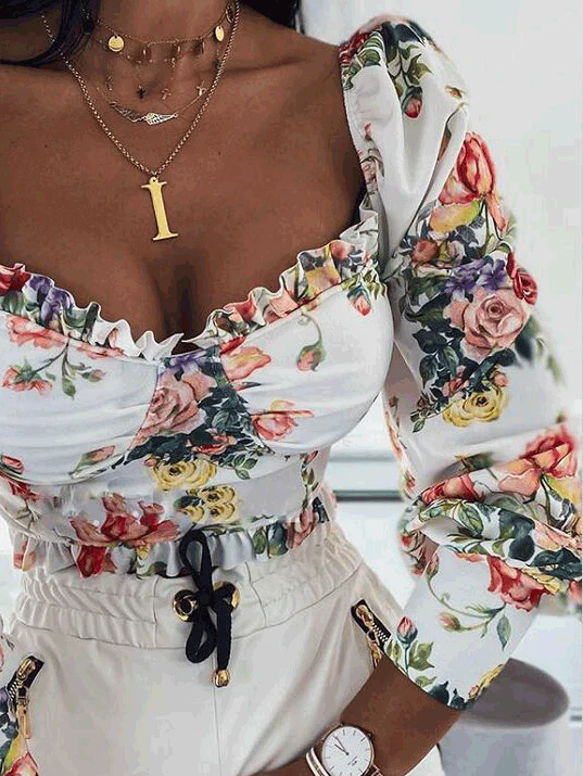 KittenAlarm - Rose Square Neck Long Sleeve Blouse