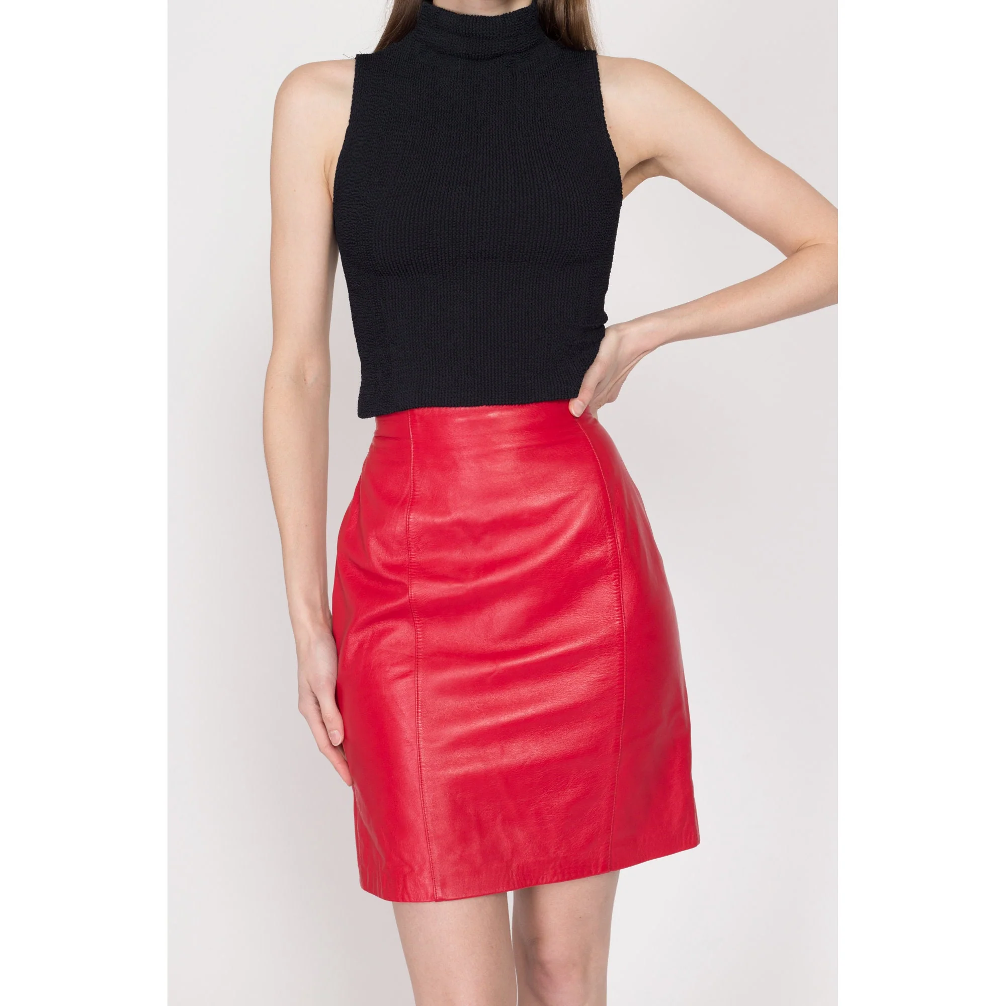 Small 90s Red Leather Pencil Skirt