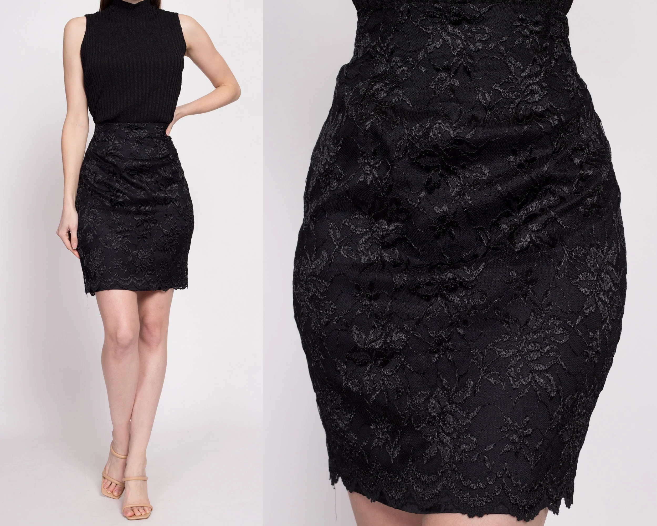 80s Black Lace Mini Skirt - Small, 26