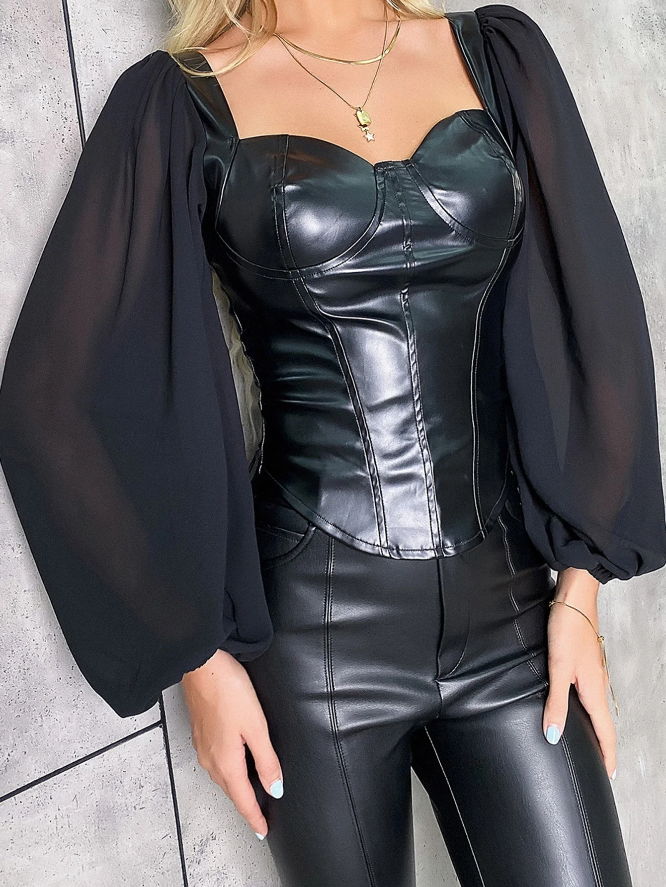 KittenAlarm - Lantern Sleeve Sweetheart Neck Zip Back PU Leather Top