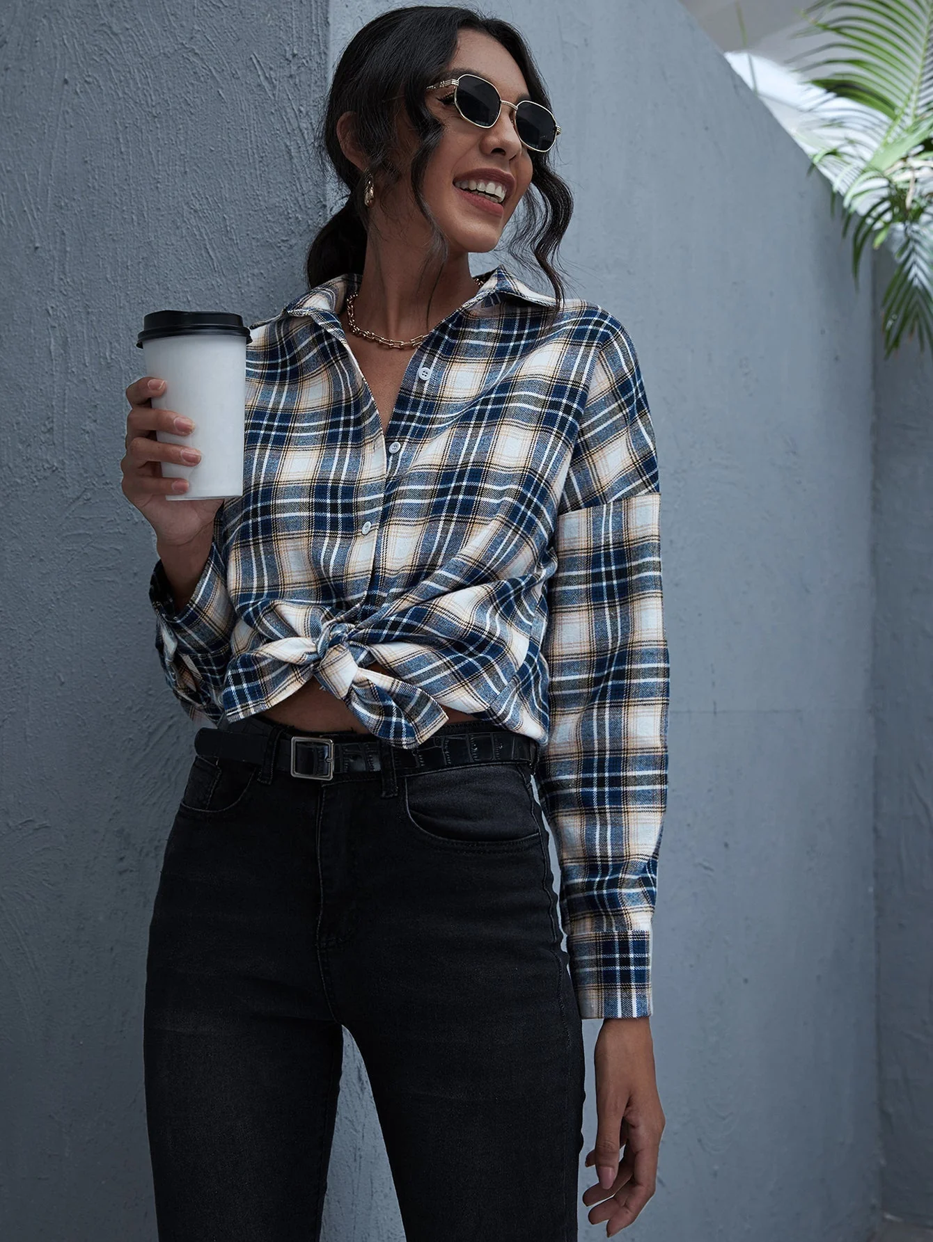 KittenAlarm - Plaid Print Drop Shoulder Blouse