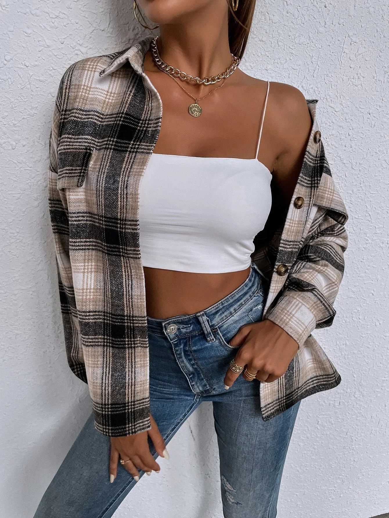 KittenAlarm - Ladies New Lapel Casual Long Sleeve Plaid Shirt