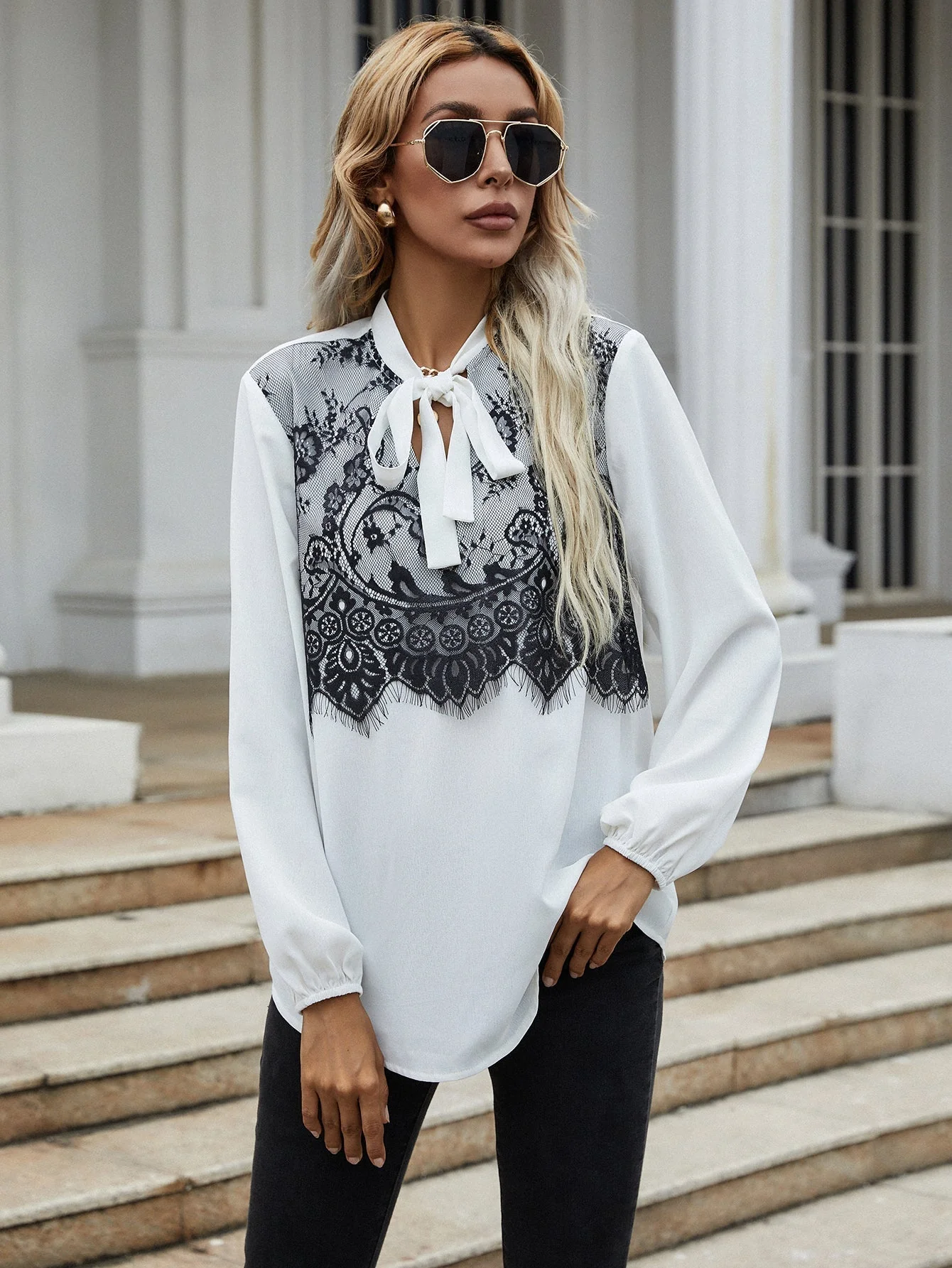 KittenAlarm - Puff sleeve top black lace stitching bow tie long-sleeved shirt