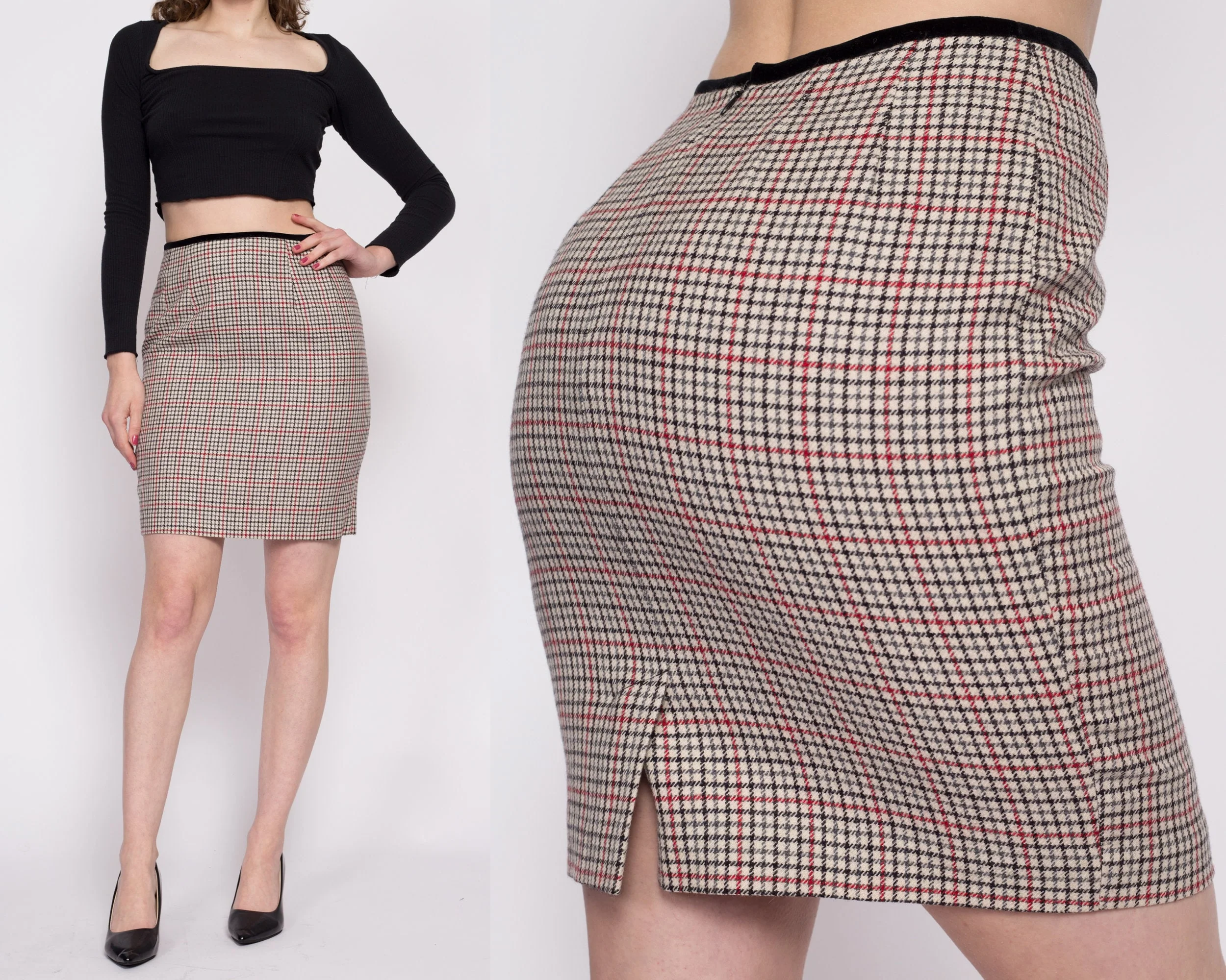 90s Plaid Wool Mini Pencil Skirt - Small, 27