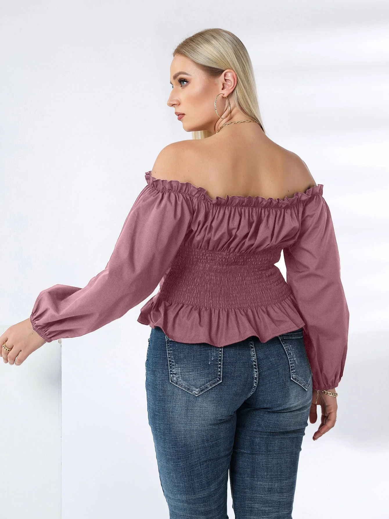 KittenAlarm - Plus Off Shoulder Lace Up Ruffle Hem Peplum Blouse
