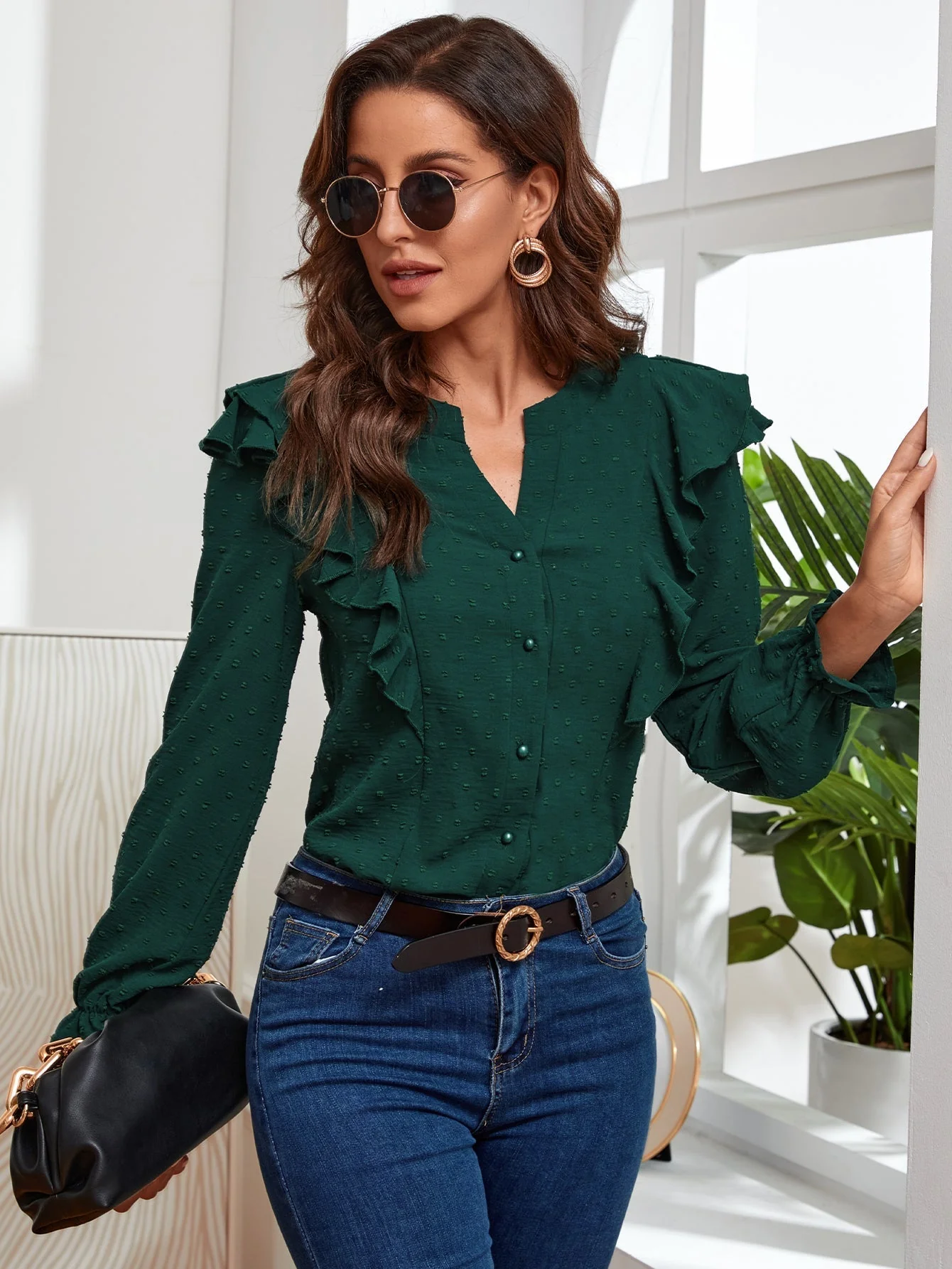KittenAlarm - Notched Neck Ruffle Hem Blouse