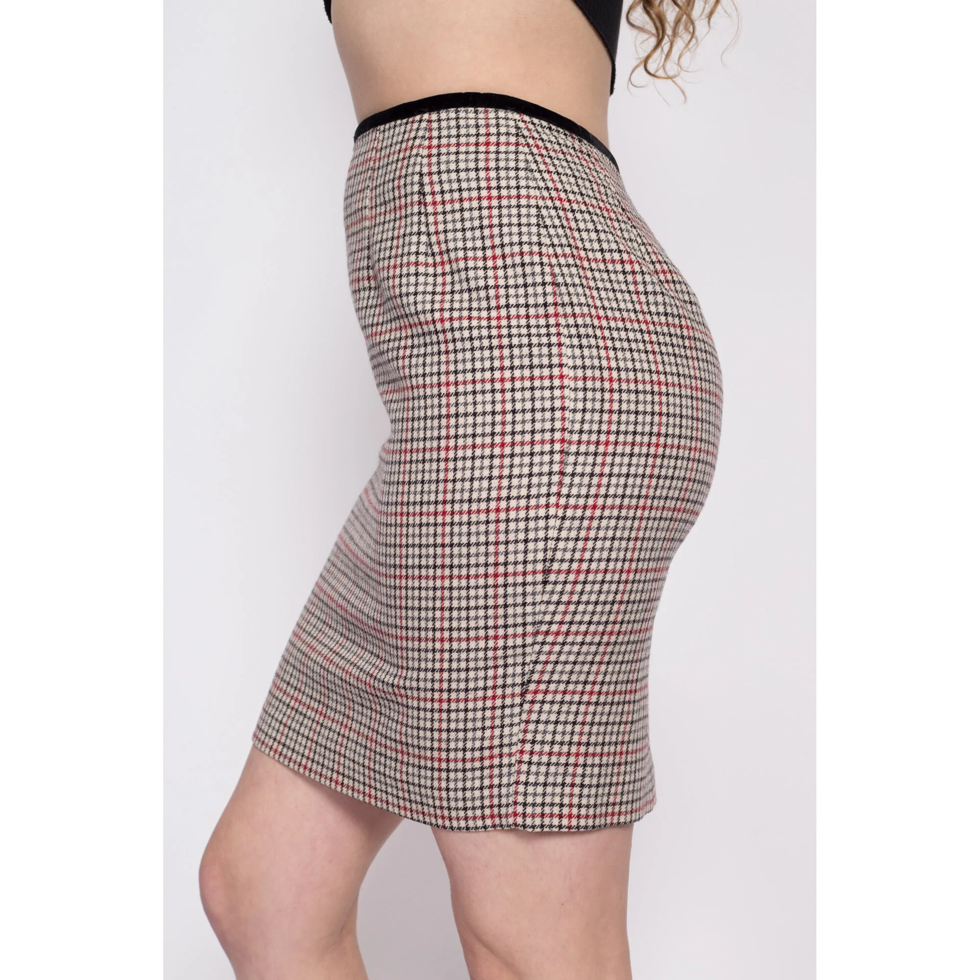 90s Plaid Wool Mini Pencil Skirt - Small, 27